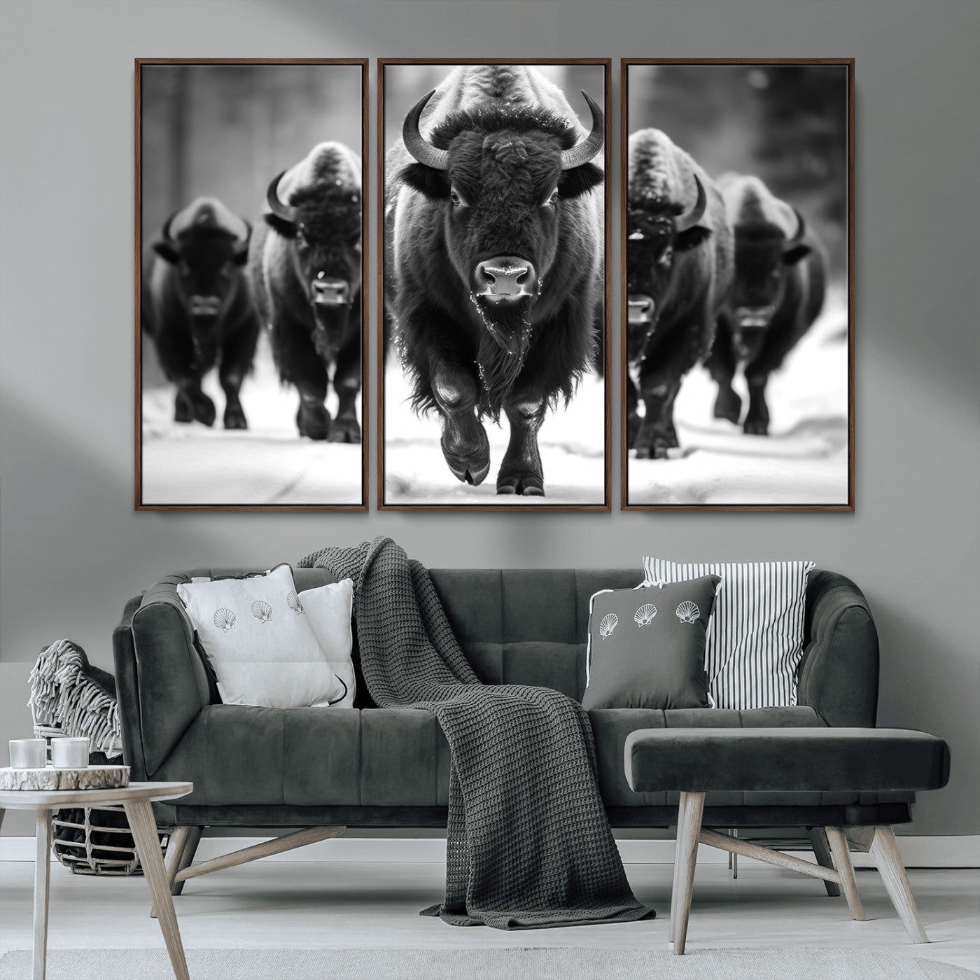 MGV-FC-48X32-3P - American Bison Art | Buffalo Herd Wall Art Canvas Print, BW American Bison Herd Wall Art Canvas Print