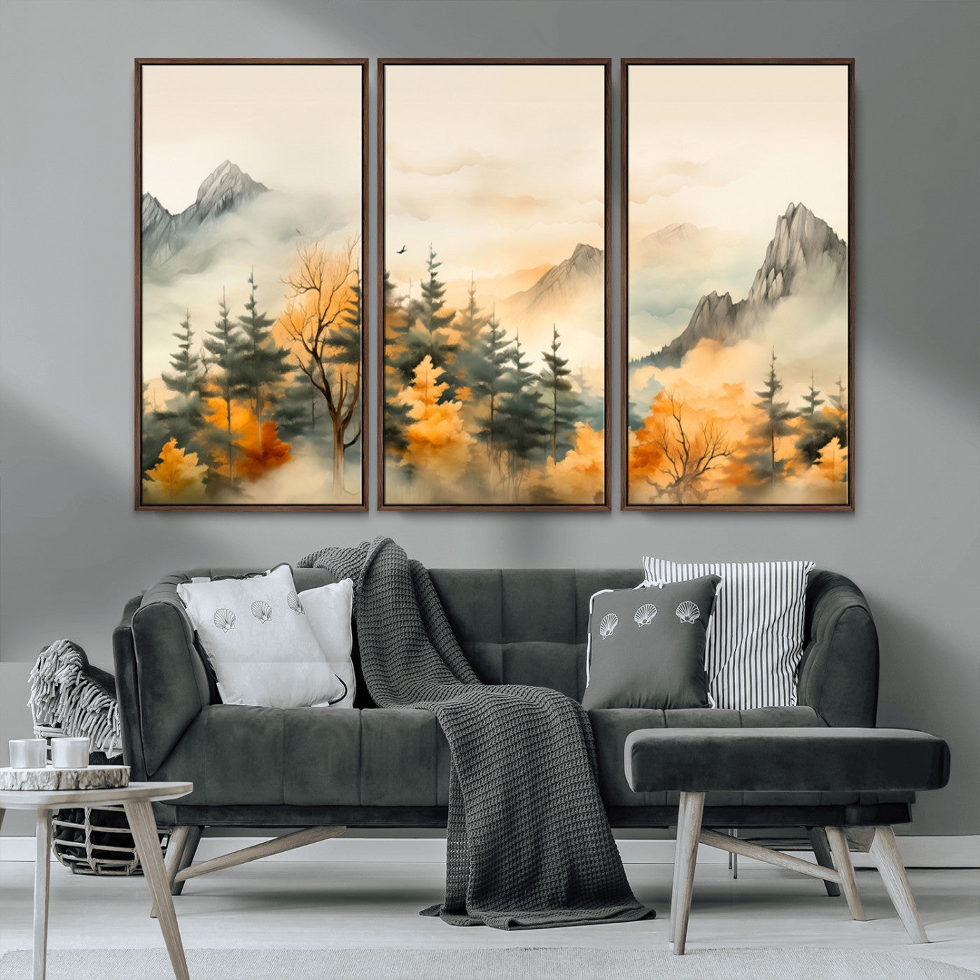MGV-FC-48X32-3P - Abstract Watercolor Mountains and Trees Autumn Art, Watercolor Mountains and Trees Canvas Print