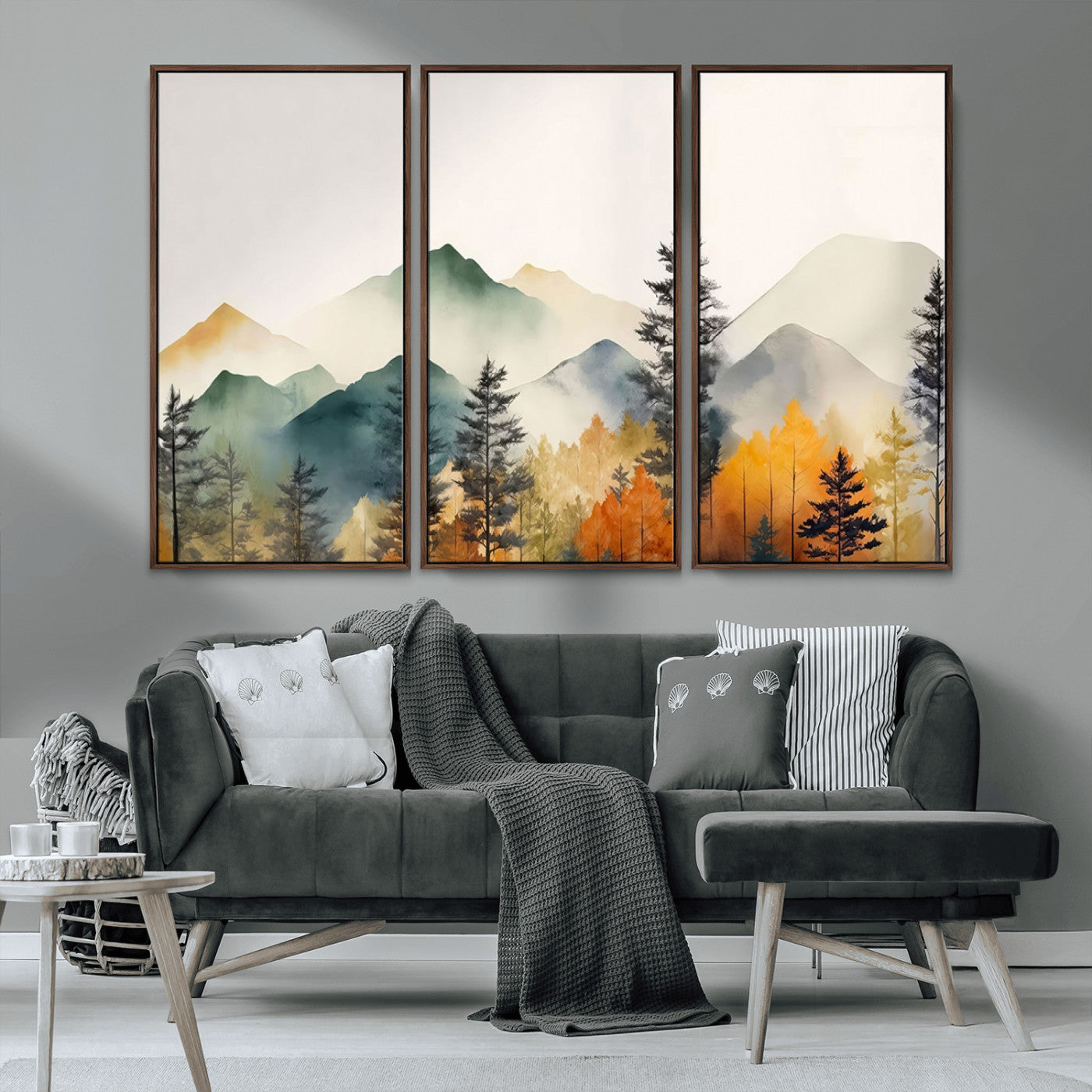 MGV-FC-48X32-3P - Abstract Watercolor Mountains and Trees Autumn Wall Art, Mountains and Trees Autumn Wall Art Canvas