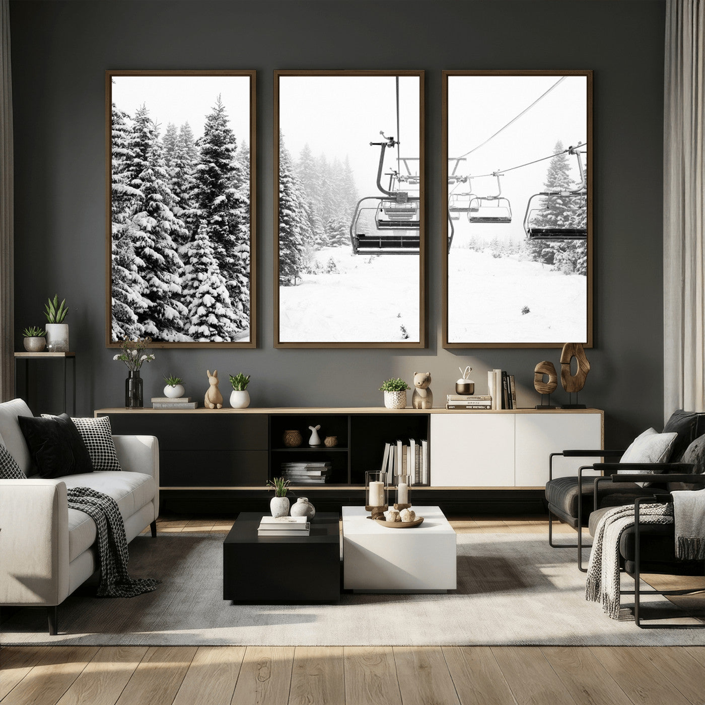 70609-MGV-CV-36X24 - Winter Forest Wall Art Canvas Print, Framed Snowy Forest Art Picture Print, Winter Ski Lift Perfect