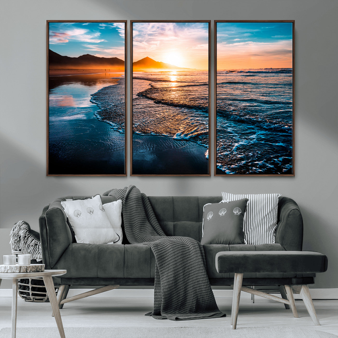 MGV-FC-48X32-3P - Sunset Beach Ocean Canvas Wall Art – Tranquil Ocean Reflections at Dusk – Ready to Hang