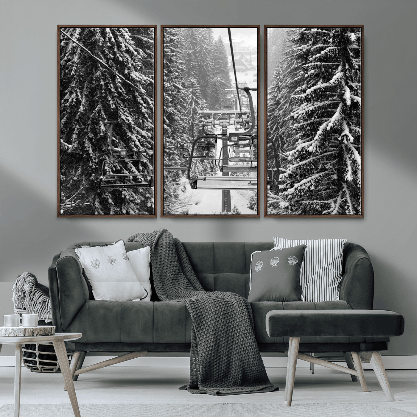MGV-FC-48X32-3P - Winter Ski Lift Black and White Canvas Wall Art – Alpine Escape in Minimalist Style – Ready to Hang