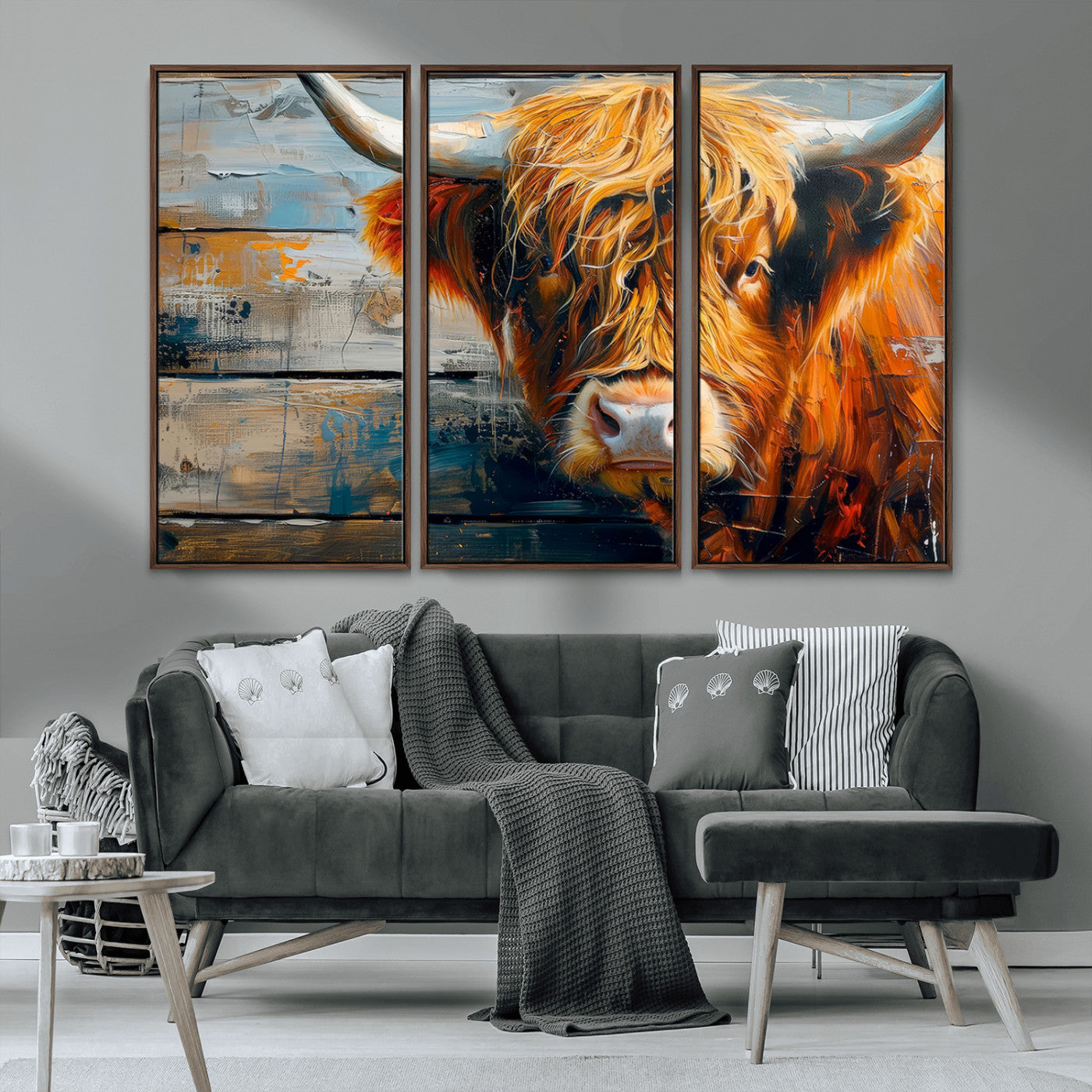 -Highland Cow Abstract Canvas Wall Art – Bold Farmhouse Rustic Decor – Ready to Hang