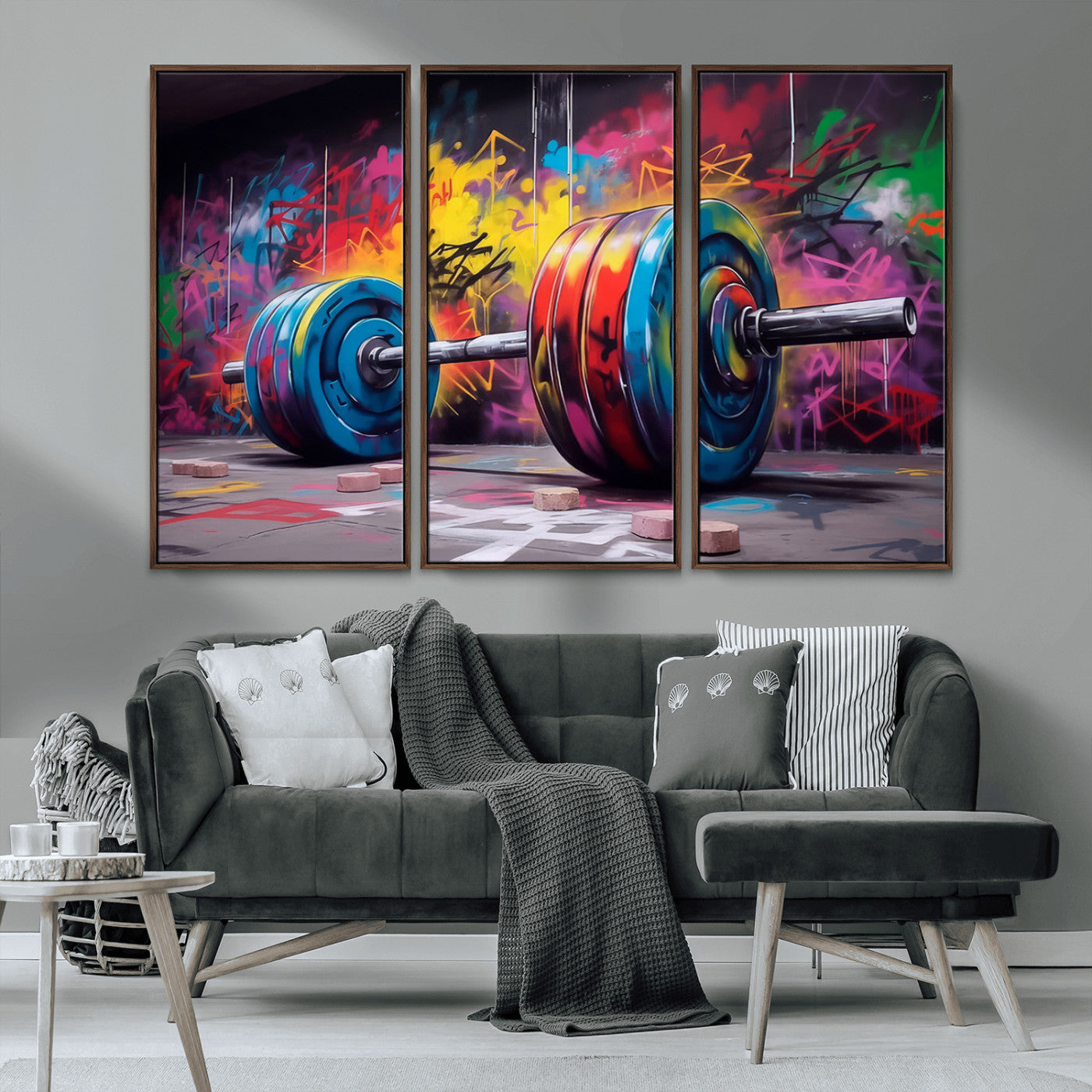 MGV-FC-48X32-3P - Abstract Graffiti Barbell Canvas Wall Art – Urban Fitness Meets Bold Street Art Print - Gym Wall Art Print