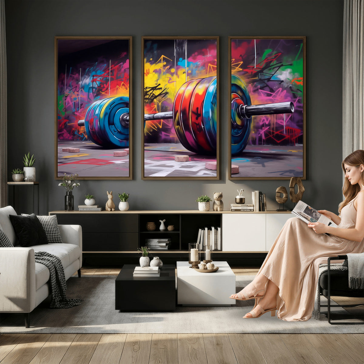 13549-MGV-CV-36X24 - Abstract Graffiti Barbell Canvas Wall Art | Urban Fitness Meets Bold Street Art