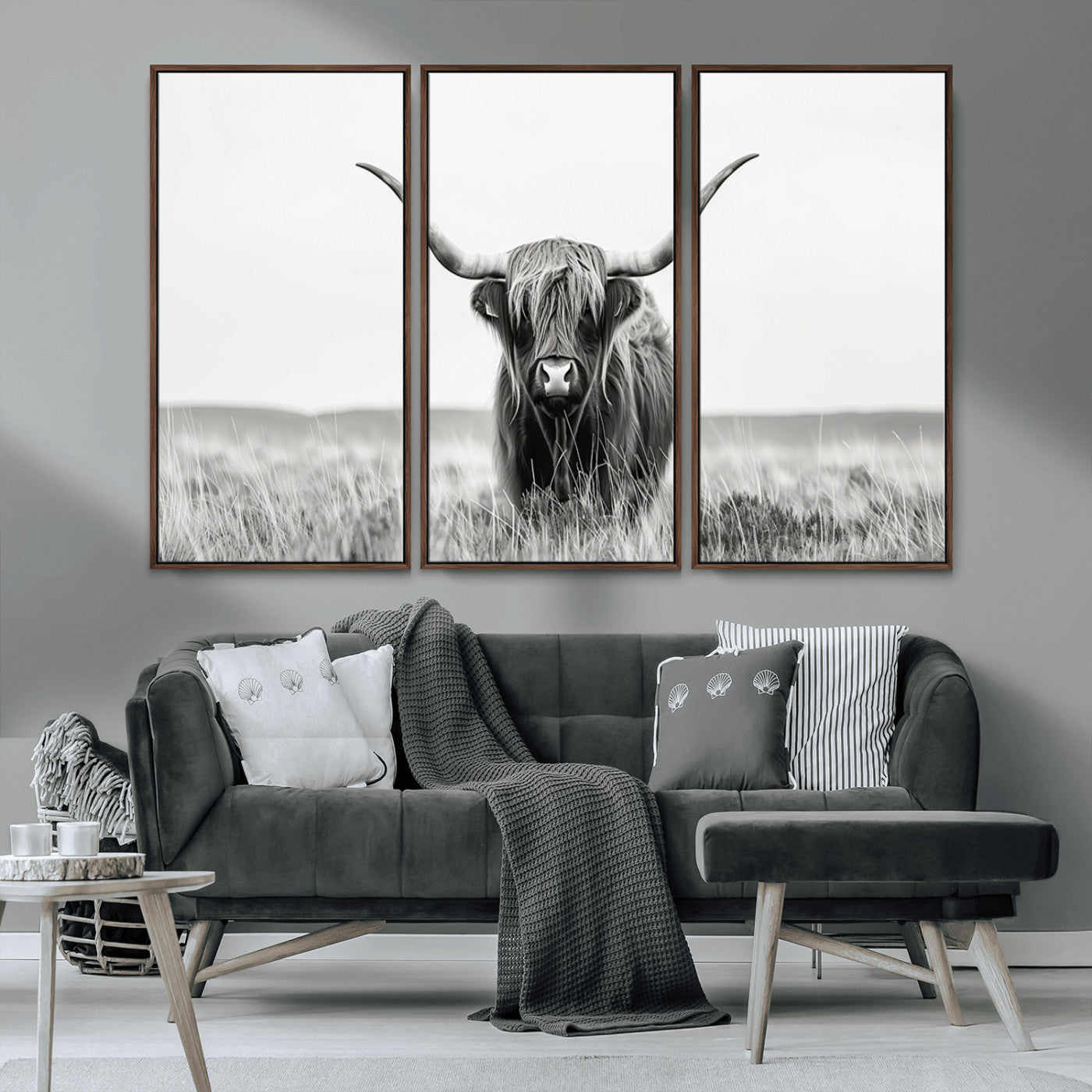 MGV-FC-48X32-3P - Highland Cow Canvas Wall Art – Majestic Beauty in Black and White