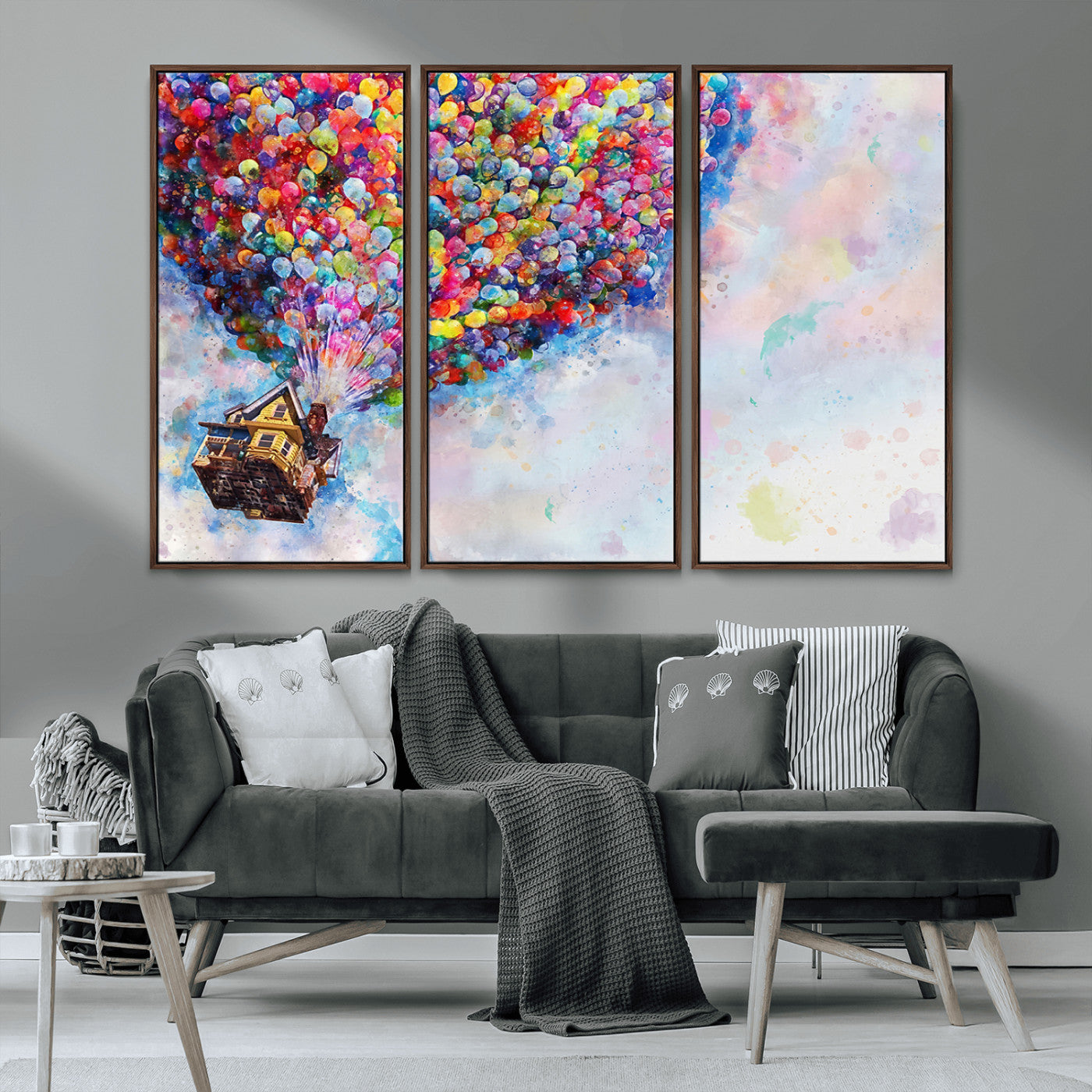 MGV-FC-48X32-3P - Don't Look Up Movie Canvas Wall Art - Vibrant Floating House and Balloons Scene, Tribute to Iconic
