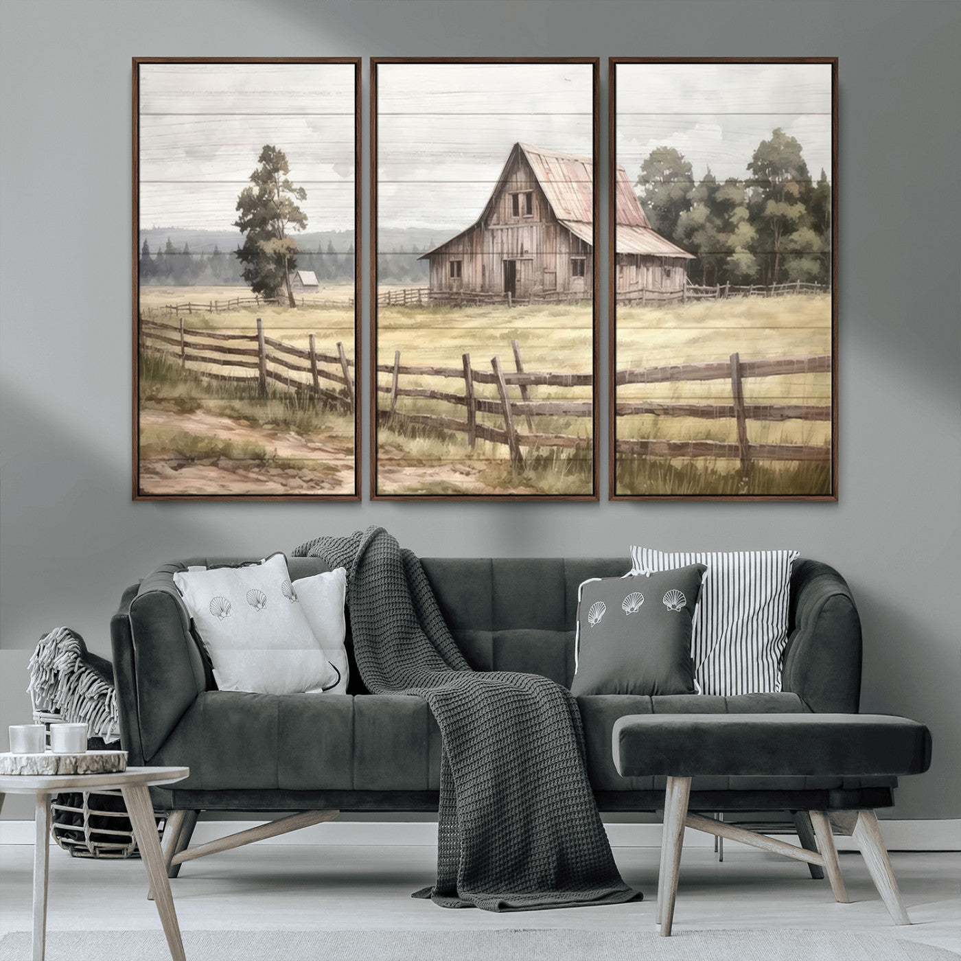 MGV-FC-48X32-3P - Rustic Farmhouse Barn Wall Art | 3-Panel Framed Gallery Wrap Giclee Canvas Print for Living Room, Farmhouse, or Office | Country Landscape Wall Art
