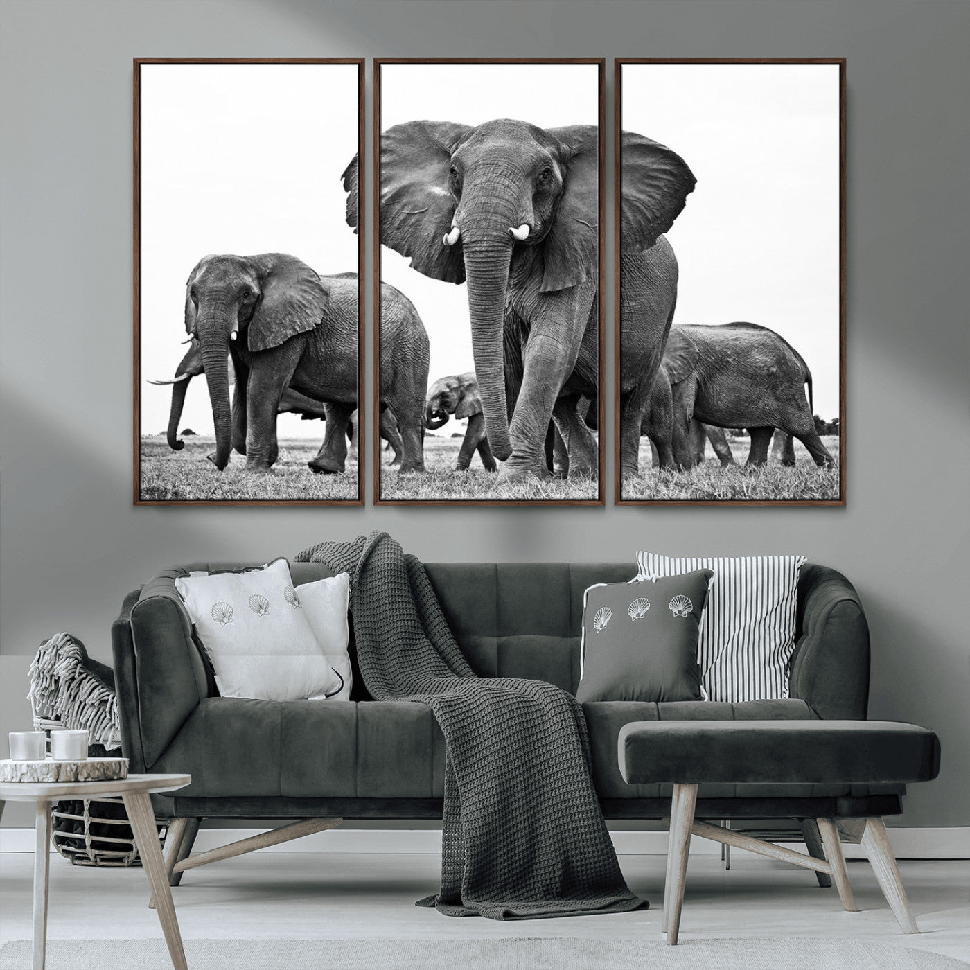 MGV-FC-48X32-3P - Black White Elephant Family Wall Art Canvas Print