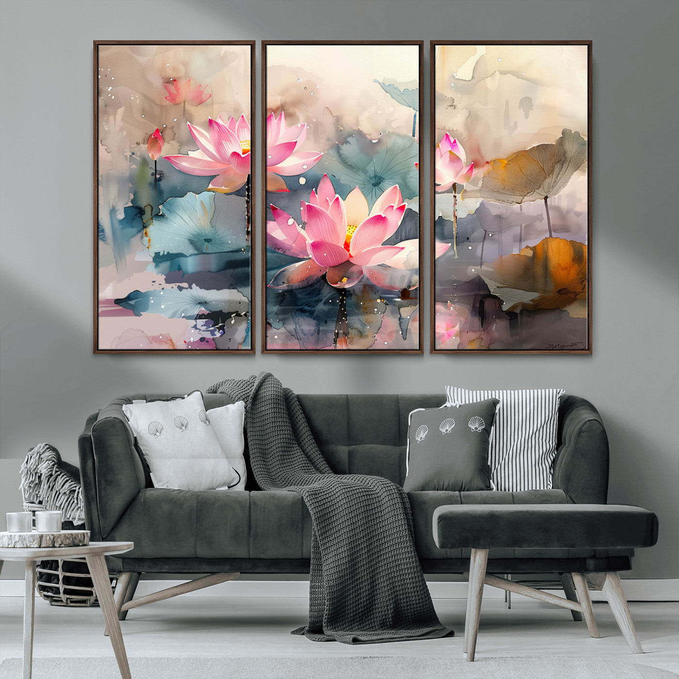 MGV-FC-48X32-3P - Lotus Flower Wall Art | 3-Panel Giclee Canvas Print of Pink Lotus Blossoms for Living Room, Bedroom, Office | Framed Lotus Floral Wall Art Decor Print