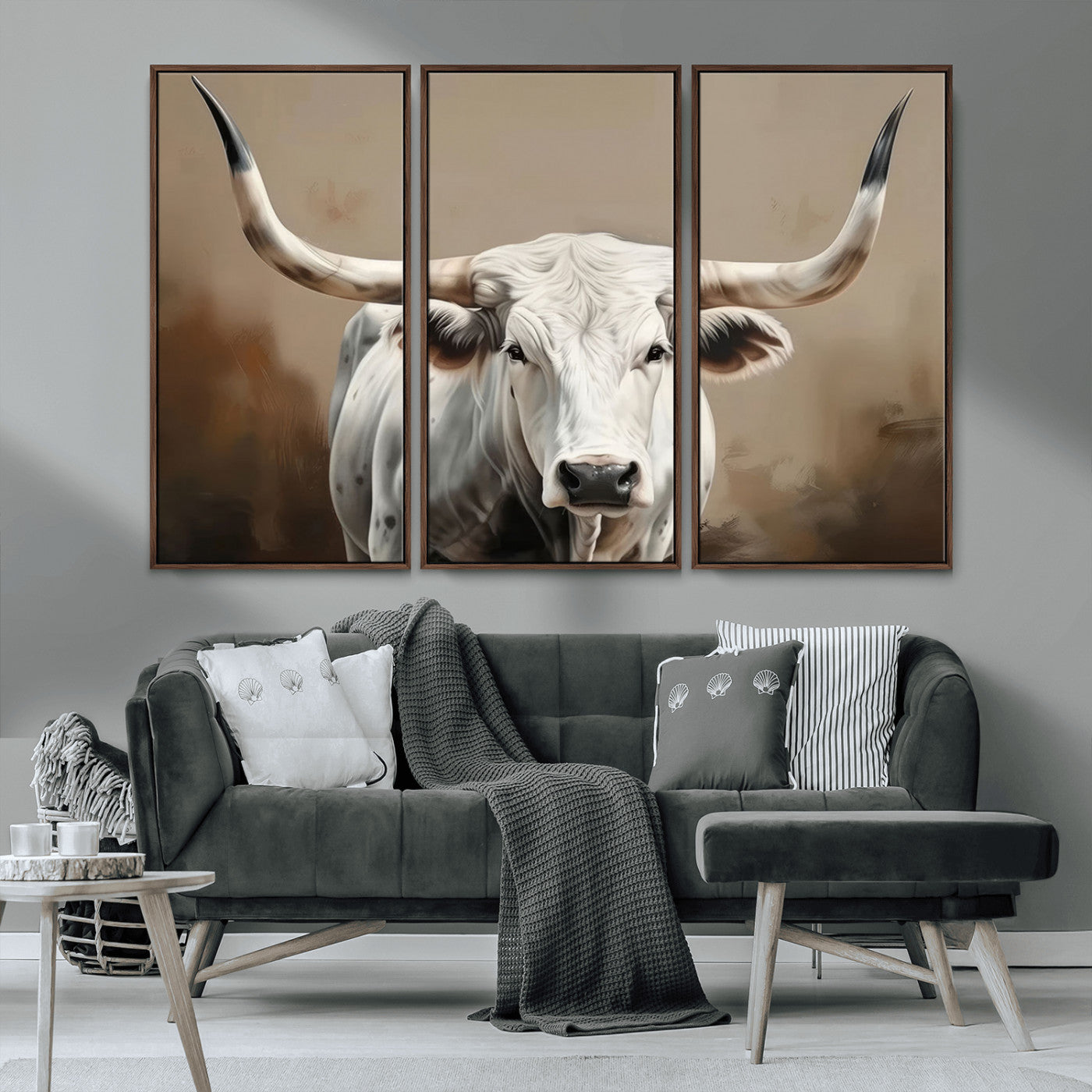 -White Longhorn Bull Wall Art Canvas Print – Framed and Ready to Hang – Perfect for Farmhouse and