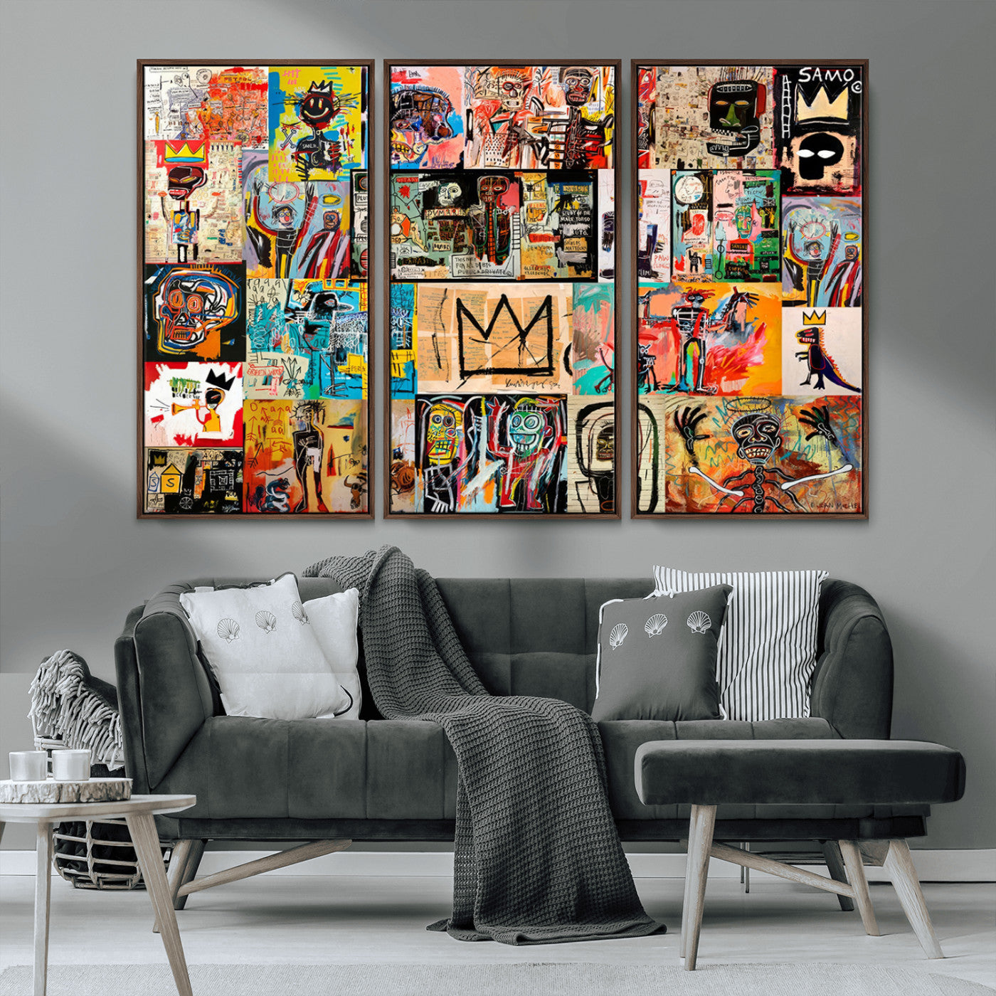 MGV-FC-48X32-3P - Basquiat Art Collage Wall Art Canvas Print – Framed, Ready to Hang, Urban Graffiti Style