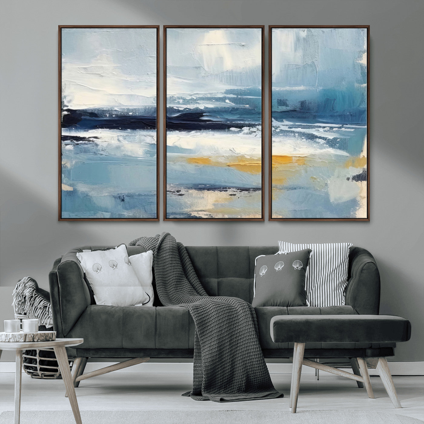 MGV-FC-48X32-3P - Abstract Ocean Canvas Wall Art - Coastal Blue and Gold Textured Painting, Modern Seascape Decor for Living Room Decor