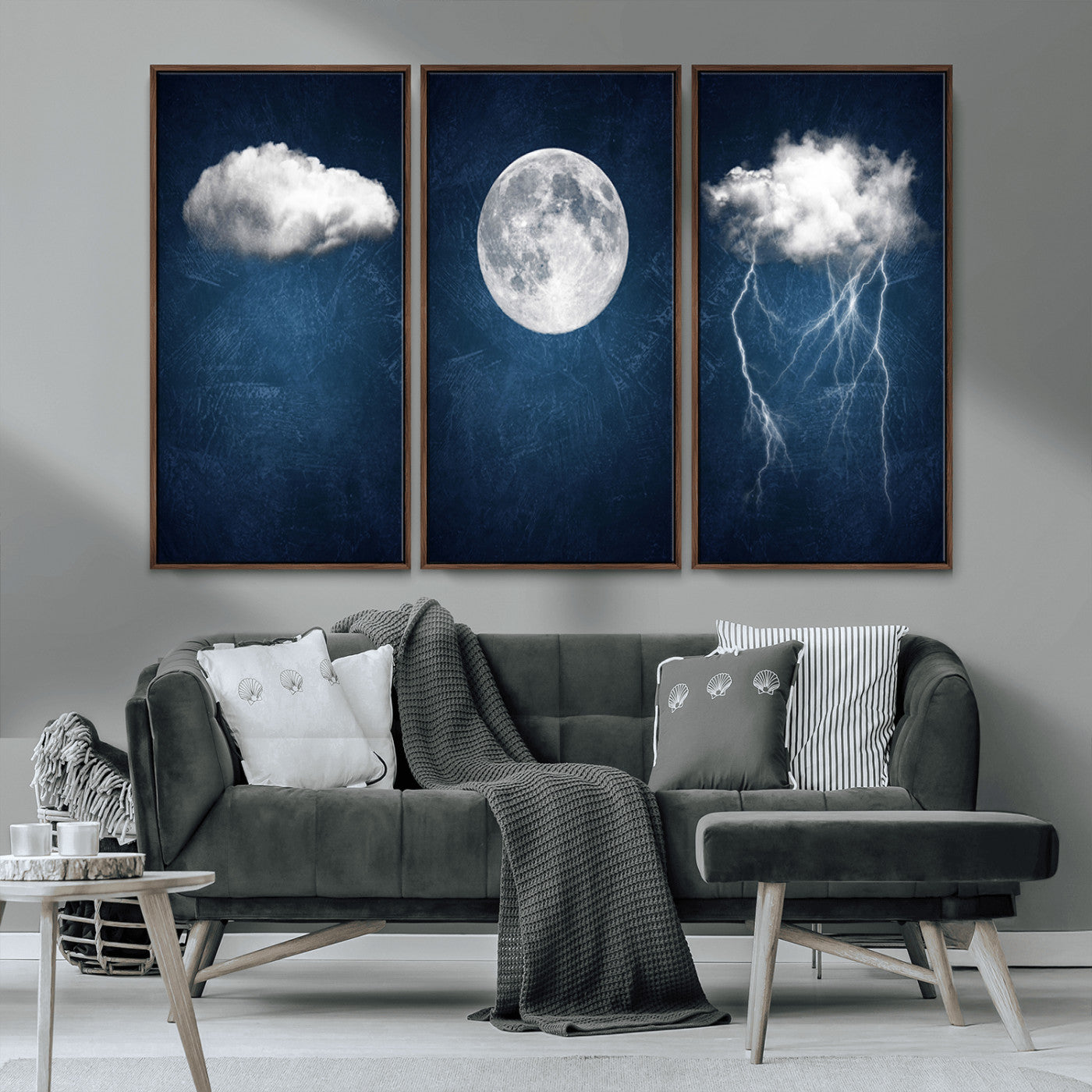 -Dark Blue Cloud Art, 3 Piece Indigo Blue Wall Art, Aesthetic Surreal Art, Thunderstorm Moon Cloud
