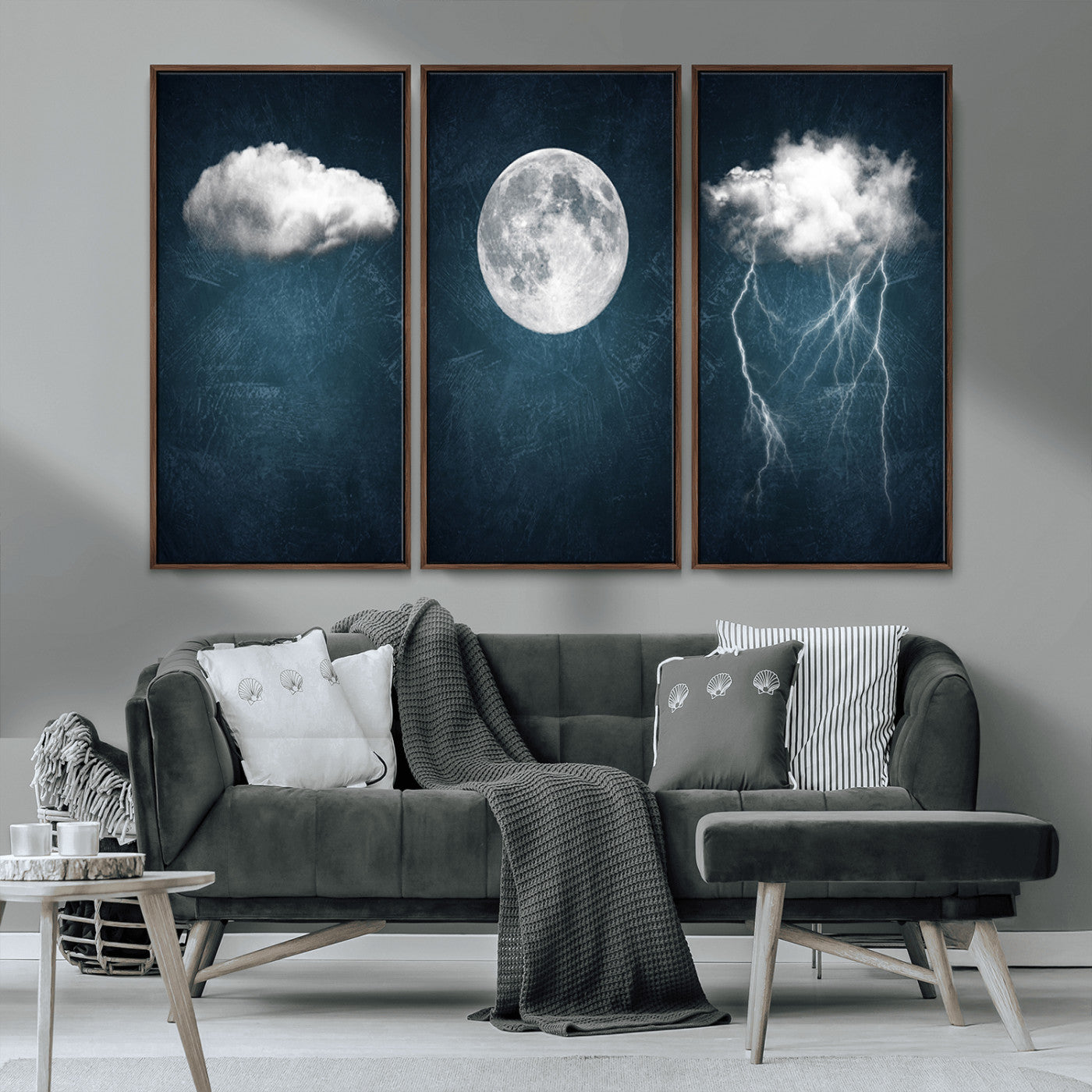 17673-MGV-FC-48X32-3P_Walnut-3 Piece Indigo Cloud Wall Art, Thunderstorm Moon Cloud Artworks