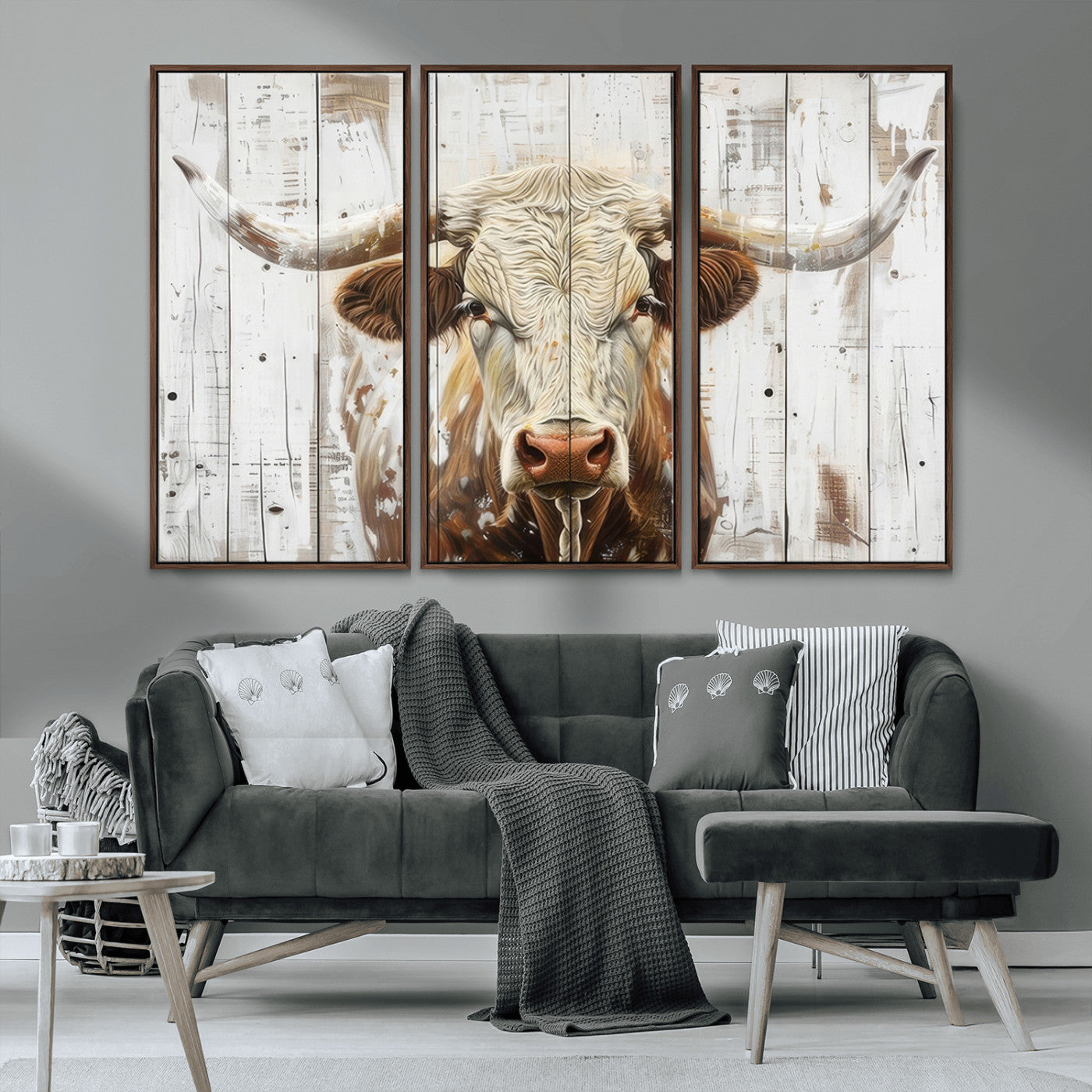 -Rustic Longhorn Bull Wall Art Canvas Set – Western-Inspired Farmhouse Décor - Ready to Hang