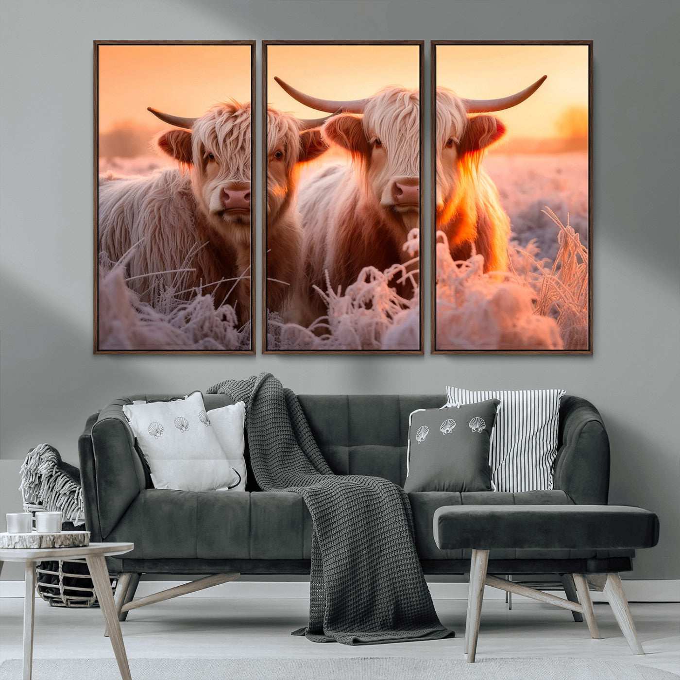 -Highland Cows at Sunrise Wall Art Canvas Set – Serene and Rustic Farmhouse Decor