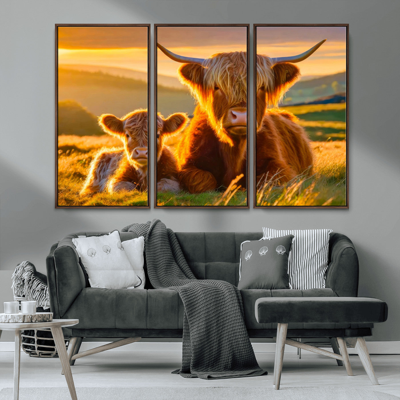 -Scottish Cow and Baby Cow Canvas Wall Art Animal Print Fluffy Cattle Framed Farmhouse Decor