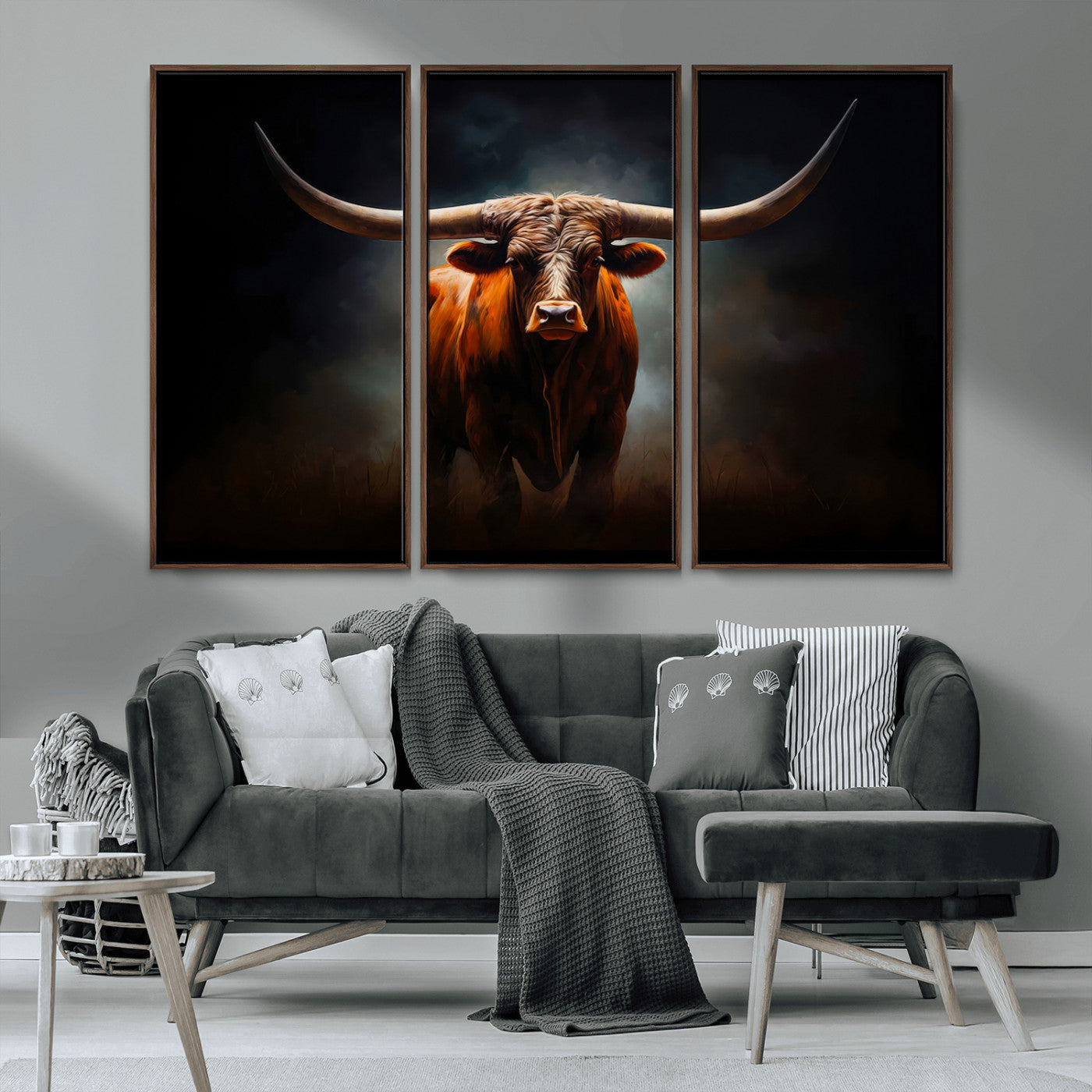 MGV-FC-48X32-3P - Abstract Texas Longhorn Wall Art Print | 3-Panel Large Texas Longhorn Canvas Print for Living Room, Office  Farmhouse Decor | Framed Longhorn Wall Art