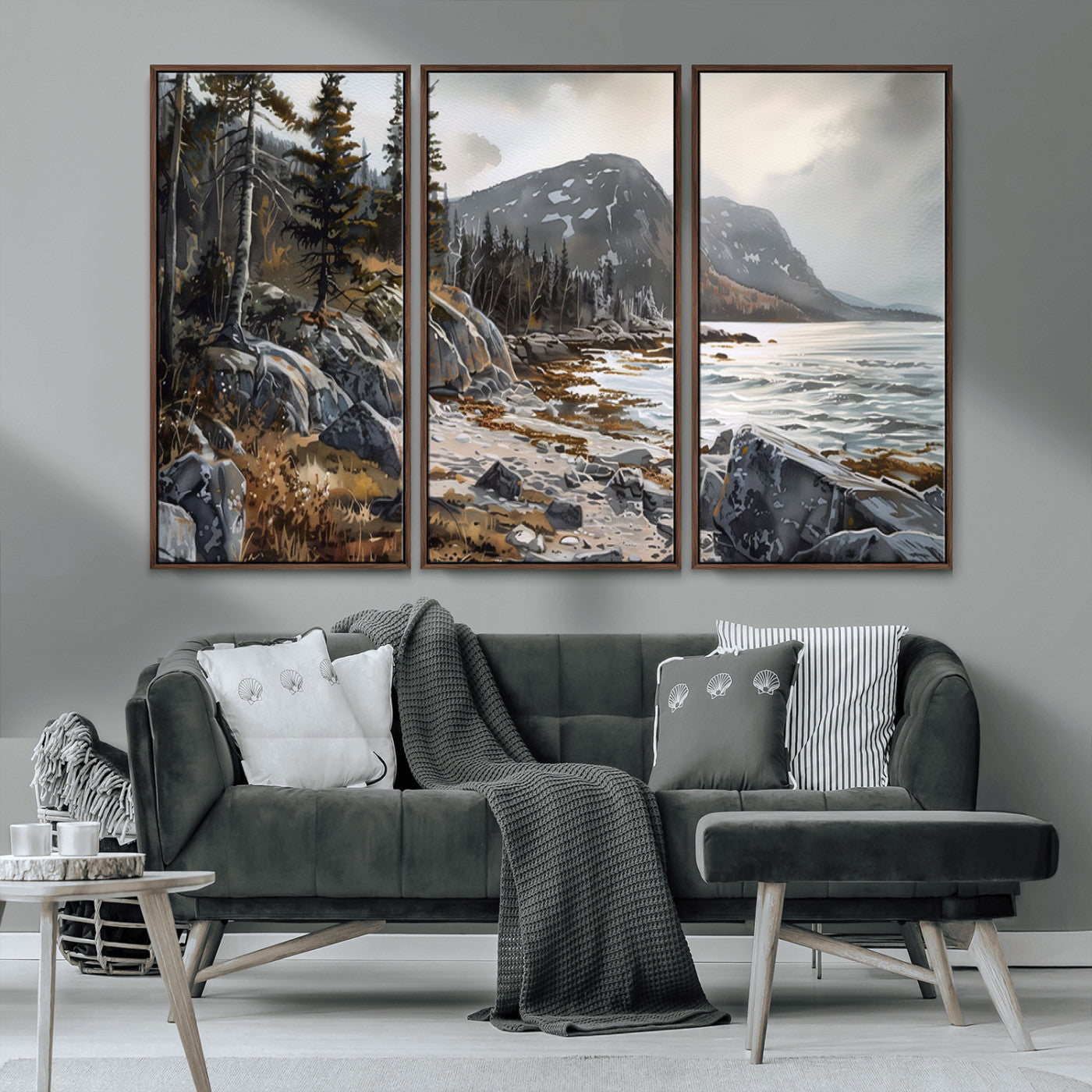 -Serene Coastal View of Acadia National Park - Stunning 3-Panel Wall Art Canvas Print, Framed, Ready
