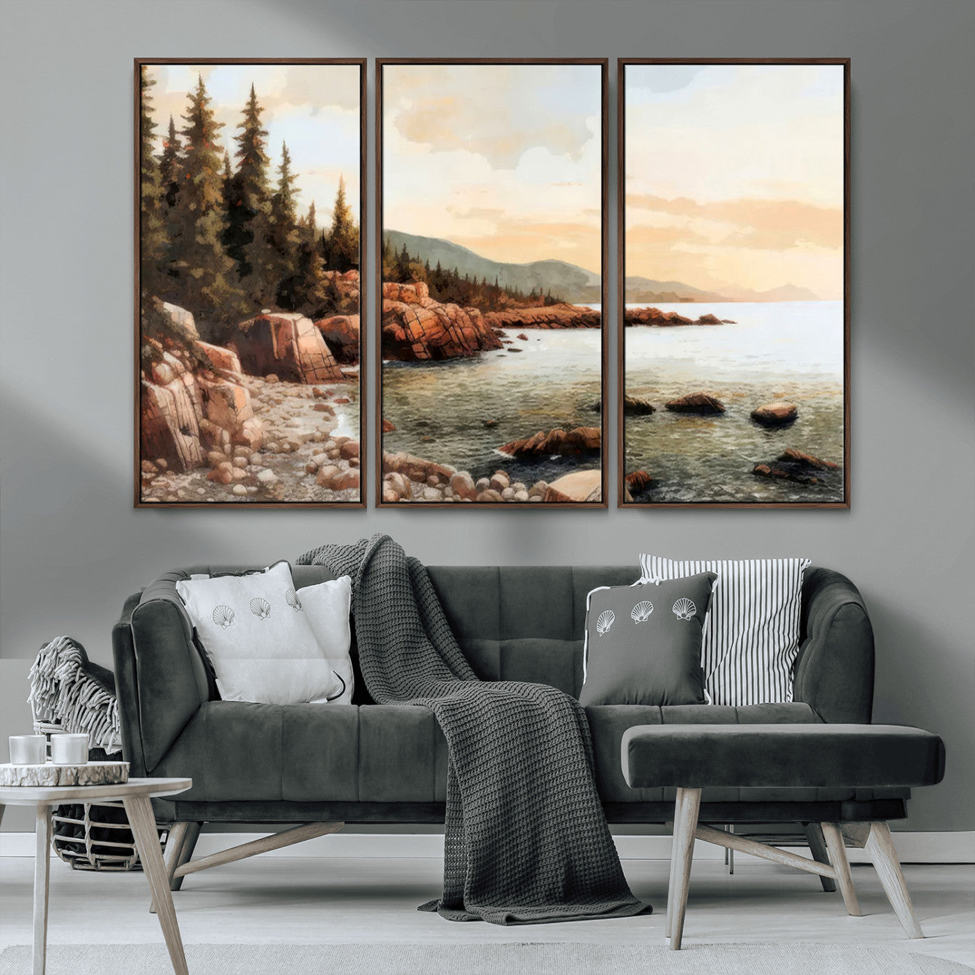 MGV-FC-48X32-3P - Serene Coastal View of Acadia National Park Wall Art - Stunning 3-Panel Wall Art Canvas Print, Framed, Ready to Hang