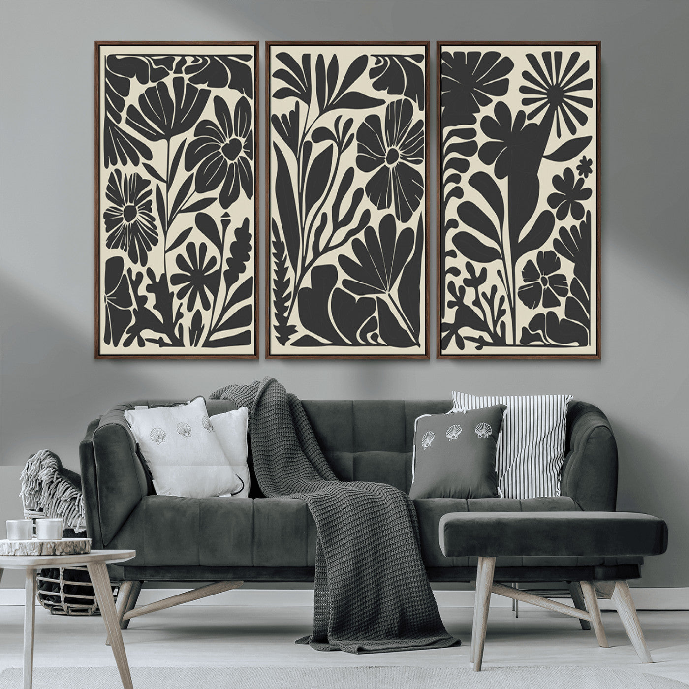 MGV-FC-48X32-3P - Modern Botanical Wall Art - Floral Black and White Canvas Print, Framed, Ready to Hang