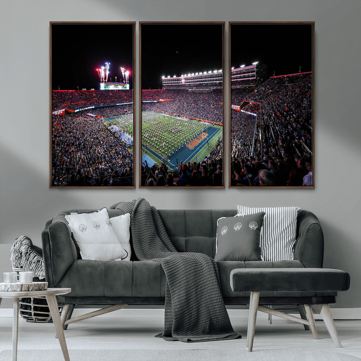 MGV-FC-48X32-3P - Ben Hill Griffin Stadium Night Game Triple Canvas Wall Art - Florida Gators Football Match