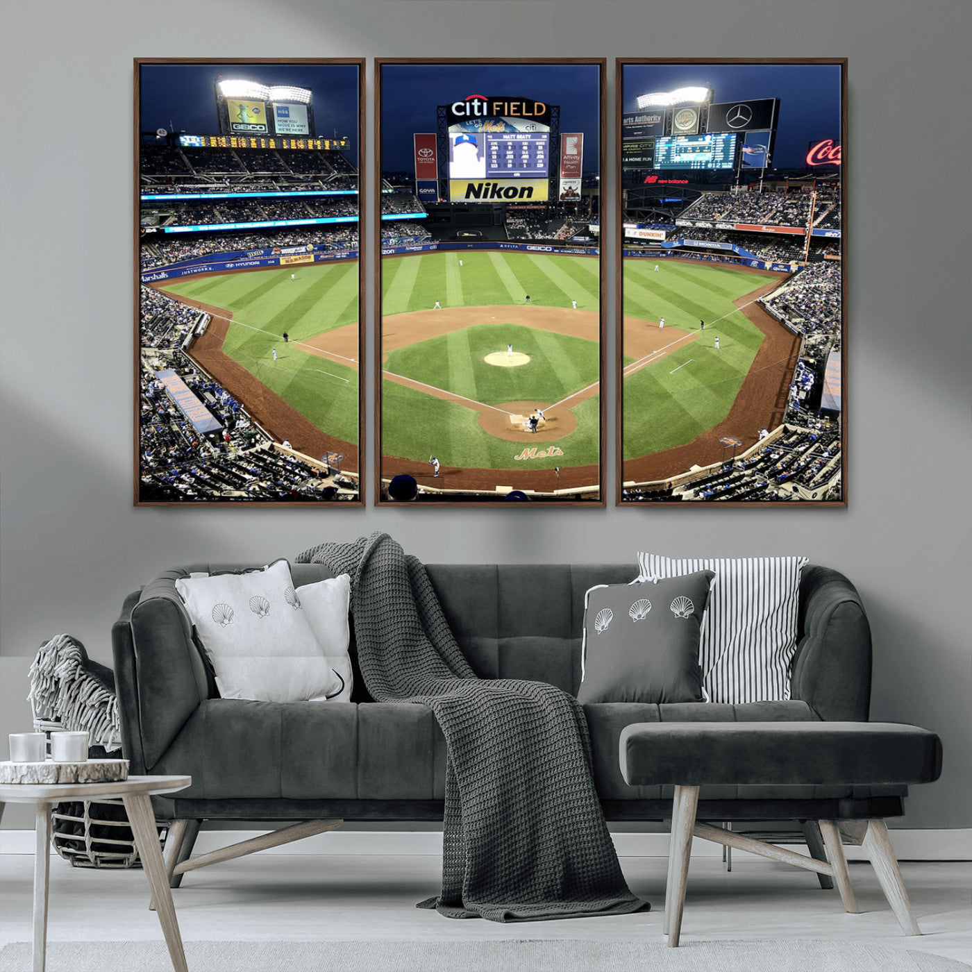 MGV-FC-48X32-3P - Citi Field Wall Art Print | 3-Panel New York Mets Baseball Stadium Canvas Print | Framed Sports Decor for Living Room, Man Cave, or Office Decor