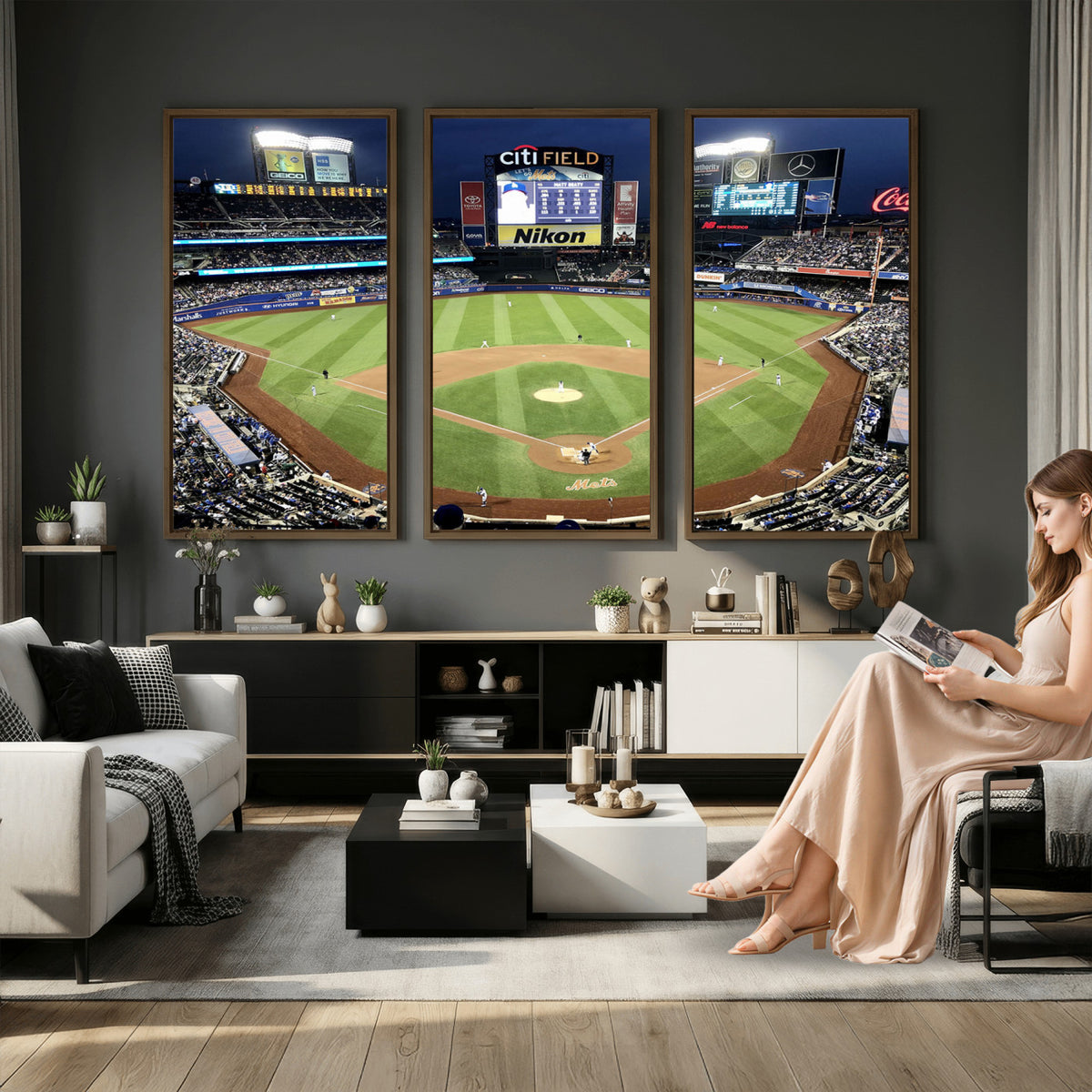 87666-MGV-CV-36X24 - Citi Field Wall Art Print | 3-Panel New York Mets Baseball Stadium Canvas Print | Framed Sports