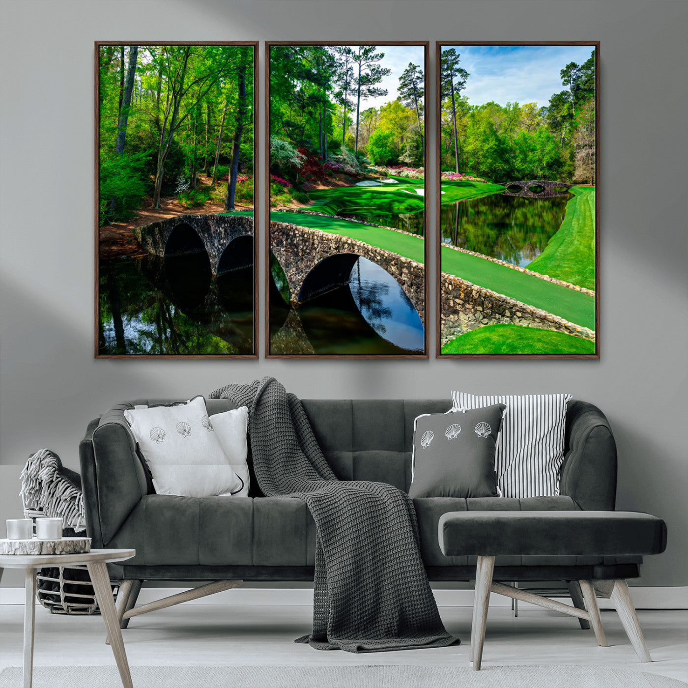 MGV-FC-48X32-3P - Augusta National Golf Club Wall Art - Panoramic Bridge & Lush Greenery – Premium Framed, Ready-to-Hang Triptych Canvas