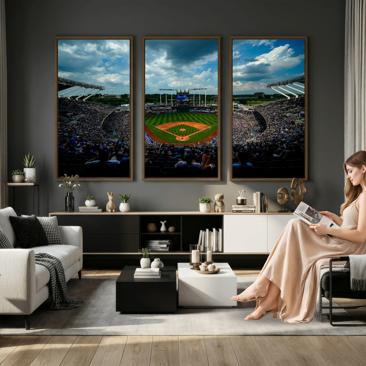 37127-MGV-CV-36X24 - 3-Panel Kauffman Stadium Wall Art Print | Large Kansas City Royals Baseball Canvas