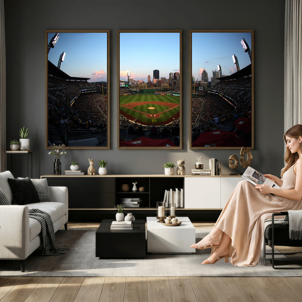 67670-MGV-CV-36X24 - PNC Park Evening Game Triple Canvas Wall Art | Pittsburgh Pirates MLB Stadium