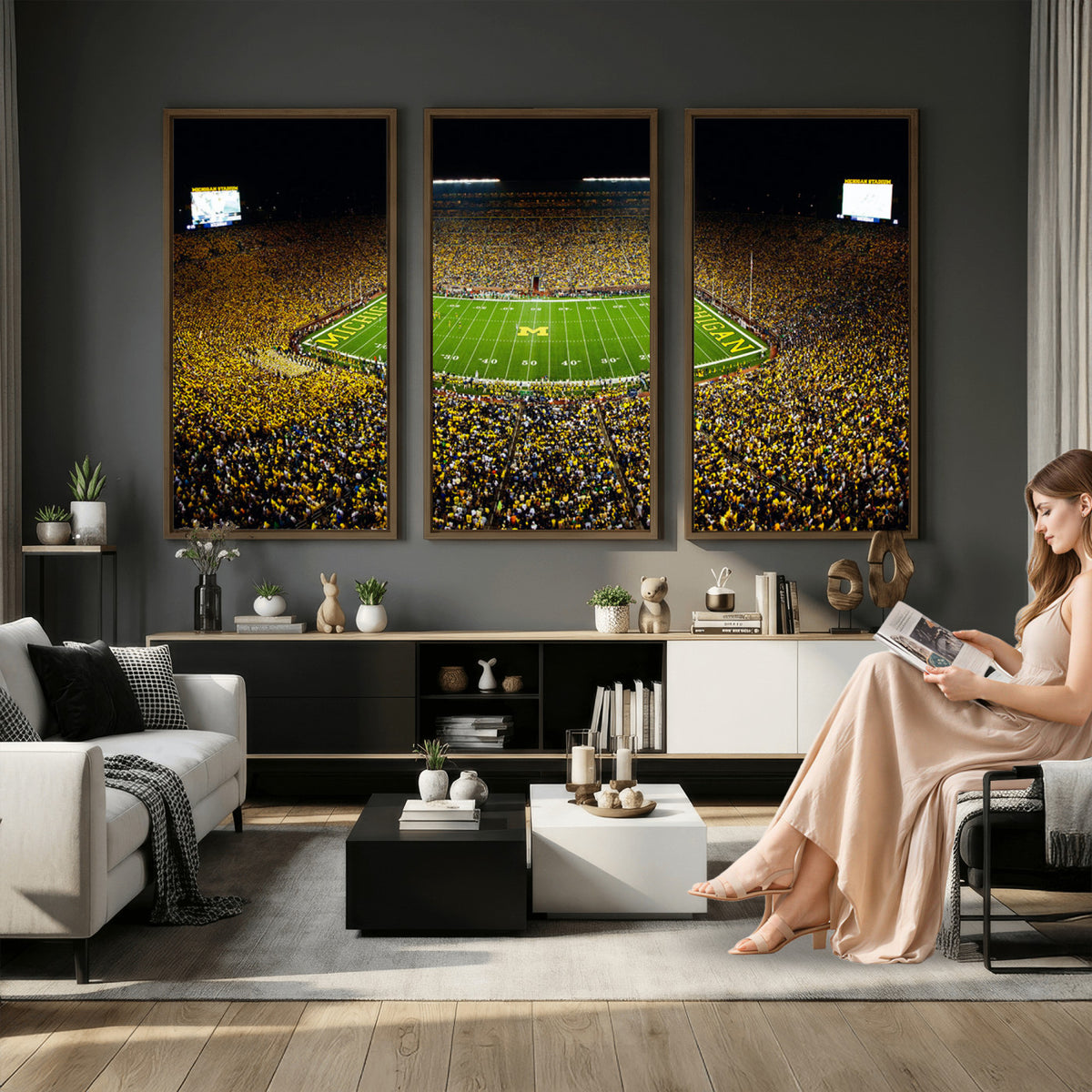 26166-MGV-CV-36X24 - Stadium in Michigan Wall Art Canvas Print, Framed American Football Stadium Art