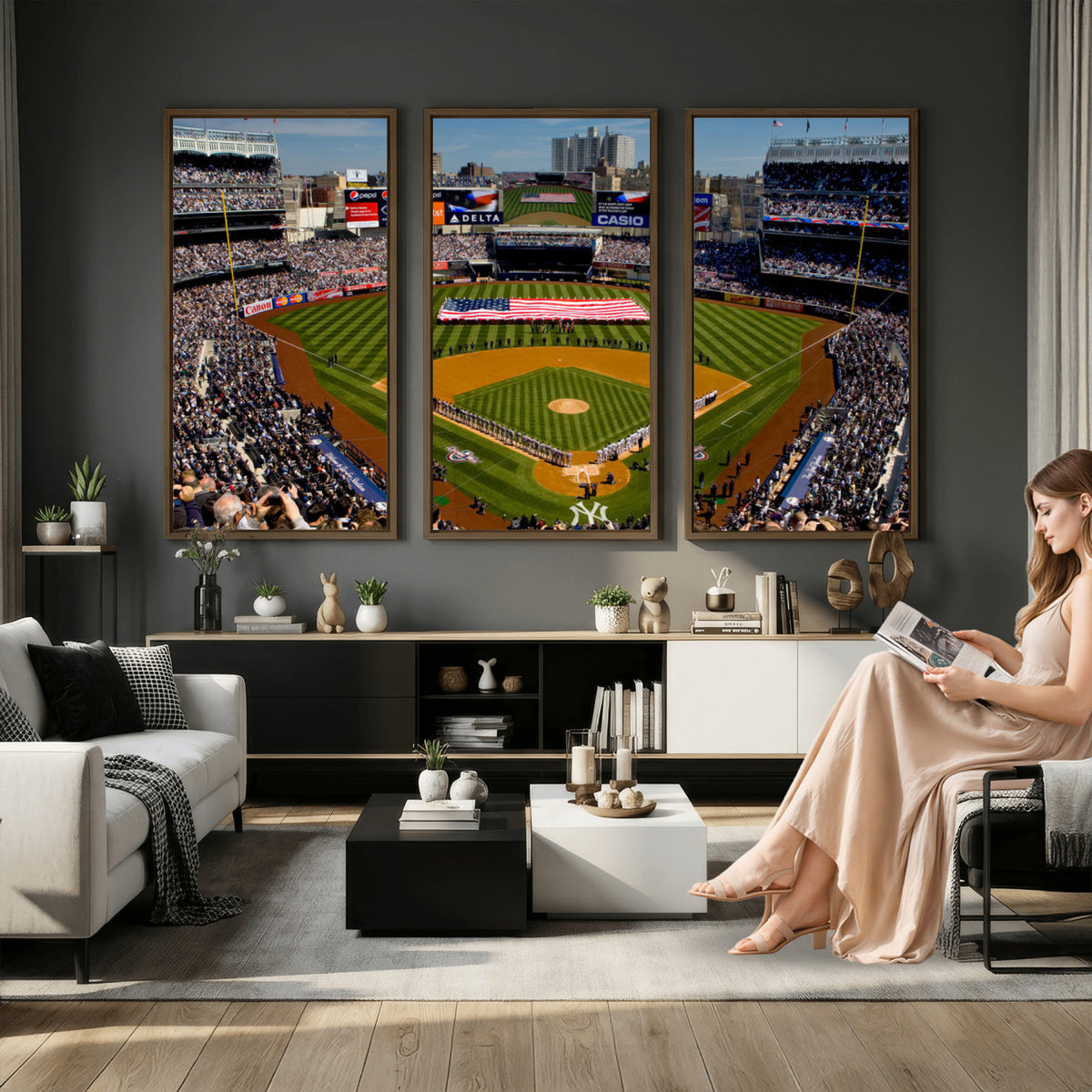 20879-MGV-CV-36X24 - Yankee Stadium New York Wall Art Print | 3-Panel Canvas Print of Yankees Baseball Stadium