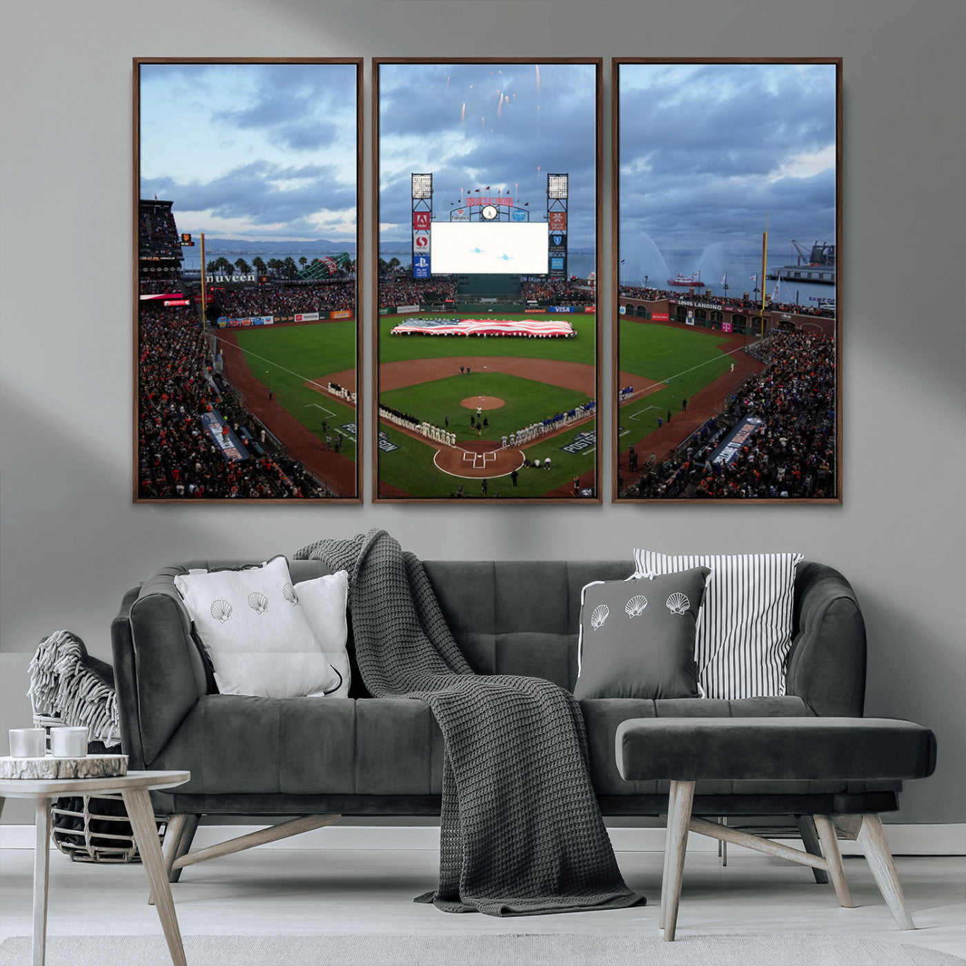 MGV-FC-48X32-3P - Oracle Park San Francisco Giants Wall Art | 3-Panel Canvas Print of Oracle Park Stadium | Large Framed Baseball Wall Decor | Ready-to-Hang MLB Canvas Print
