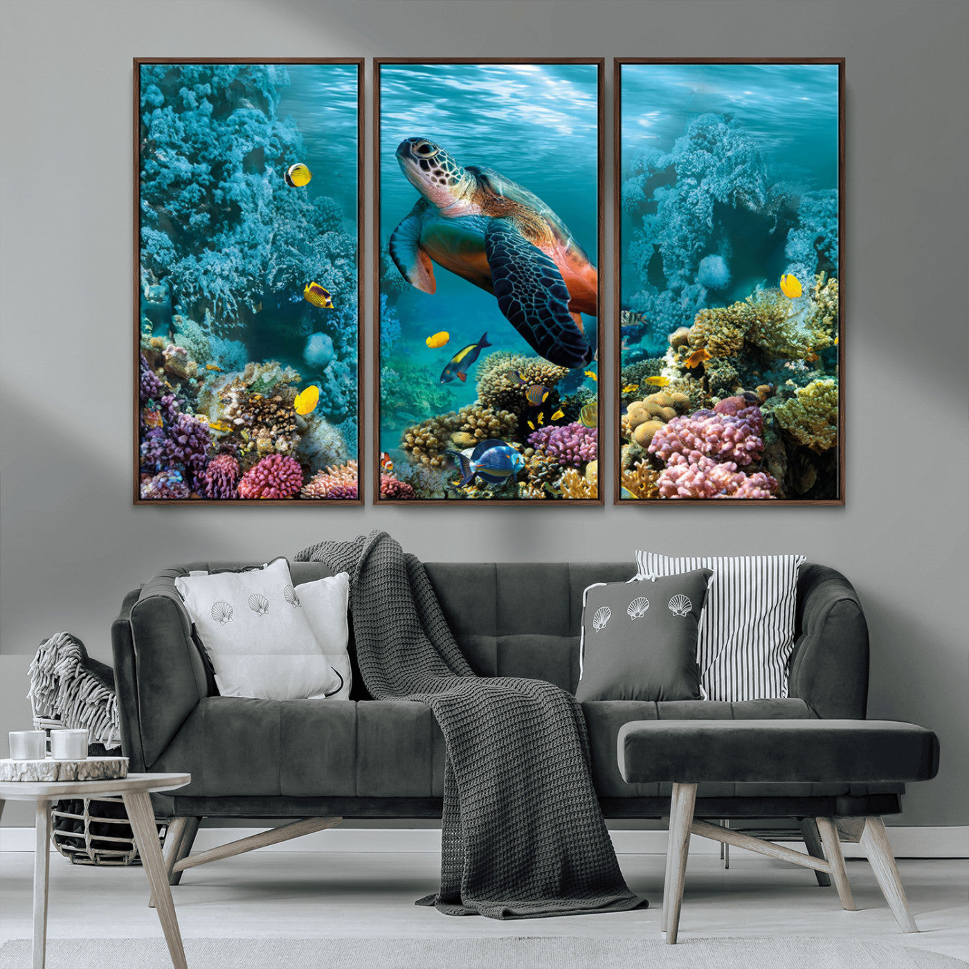 MGV-FC-48X32-3P - Sea Turtle and Coral Reef Triptych Wall Art – Vibrant Underwater Scene Canvas Set for Ocean Lovers and Coastal Decor – Ready to Hang 3-Panel Artwork