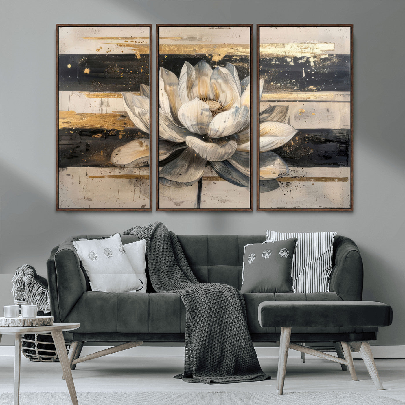 MGV-FC-48X32-3P - Lotus Flower Wall Art Canvas Print, Framed Abstract Lotus Art Picture Print, White Lotus Flower Perfect Abstract Floral Decor Artwork
