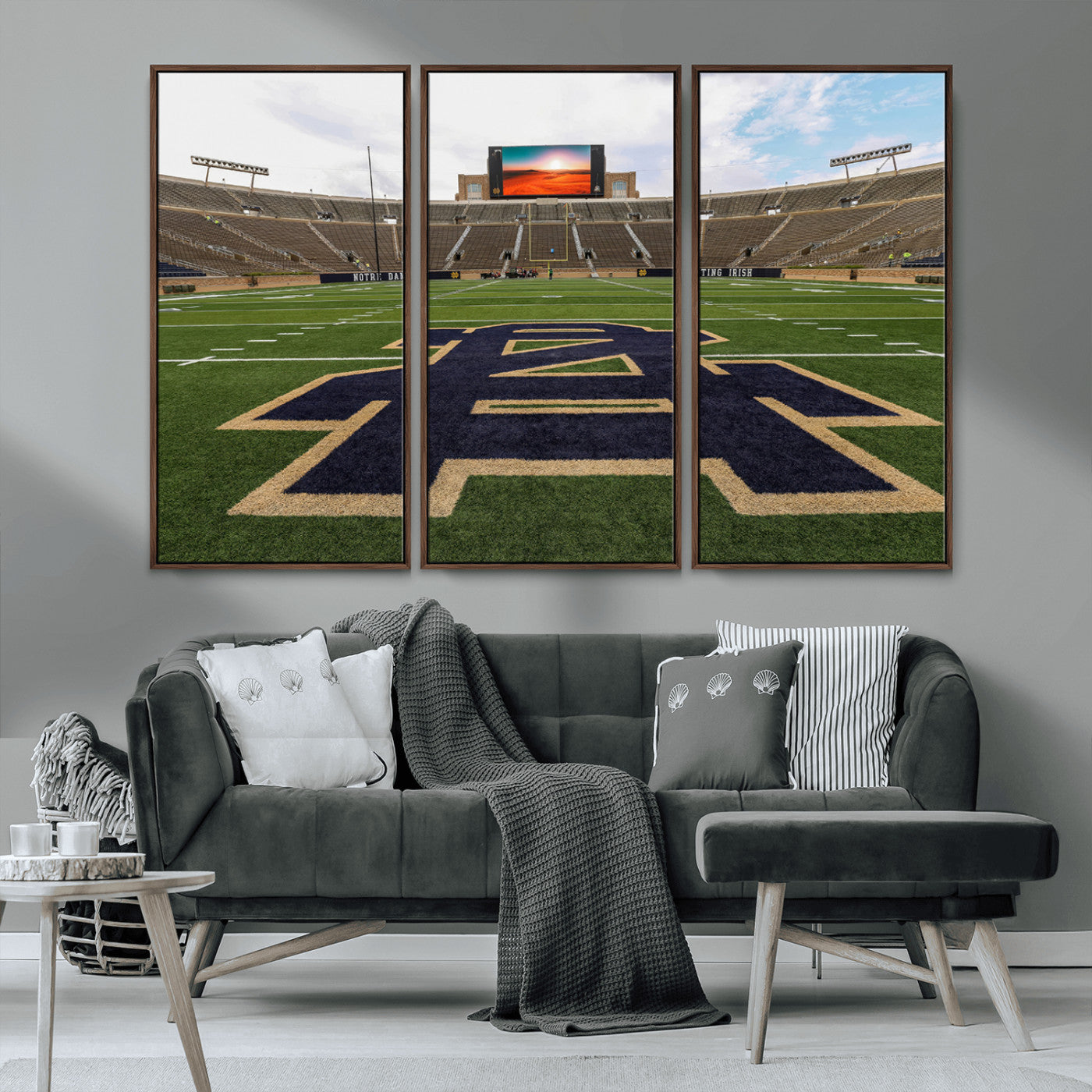 MGV-FC-48X32-3P - Notre Dame Stadium Giclee Canvas Print | Triptych Wall Art Featuring Iconic Notre Dame Football Field | Ready-to-Hang Sports Stadium Decor