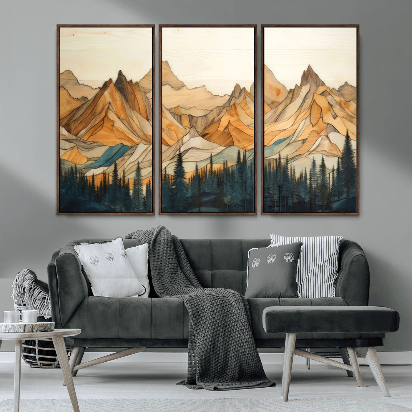 -Rustic Wood Mountain Wall Art Print | Triptych Giclee Print Featuring Handcrafted Forest and