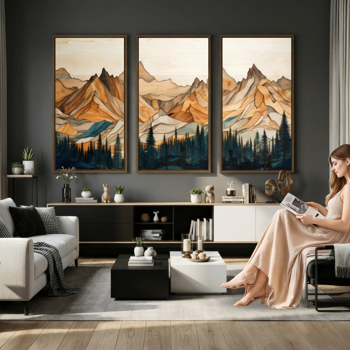 31576-MGV-CV-36X24 - Geometric Wood Mountain Landscape Wall Art Canvas Print, Rustic Forest Painting Print