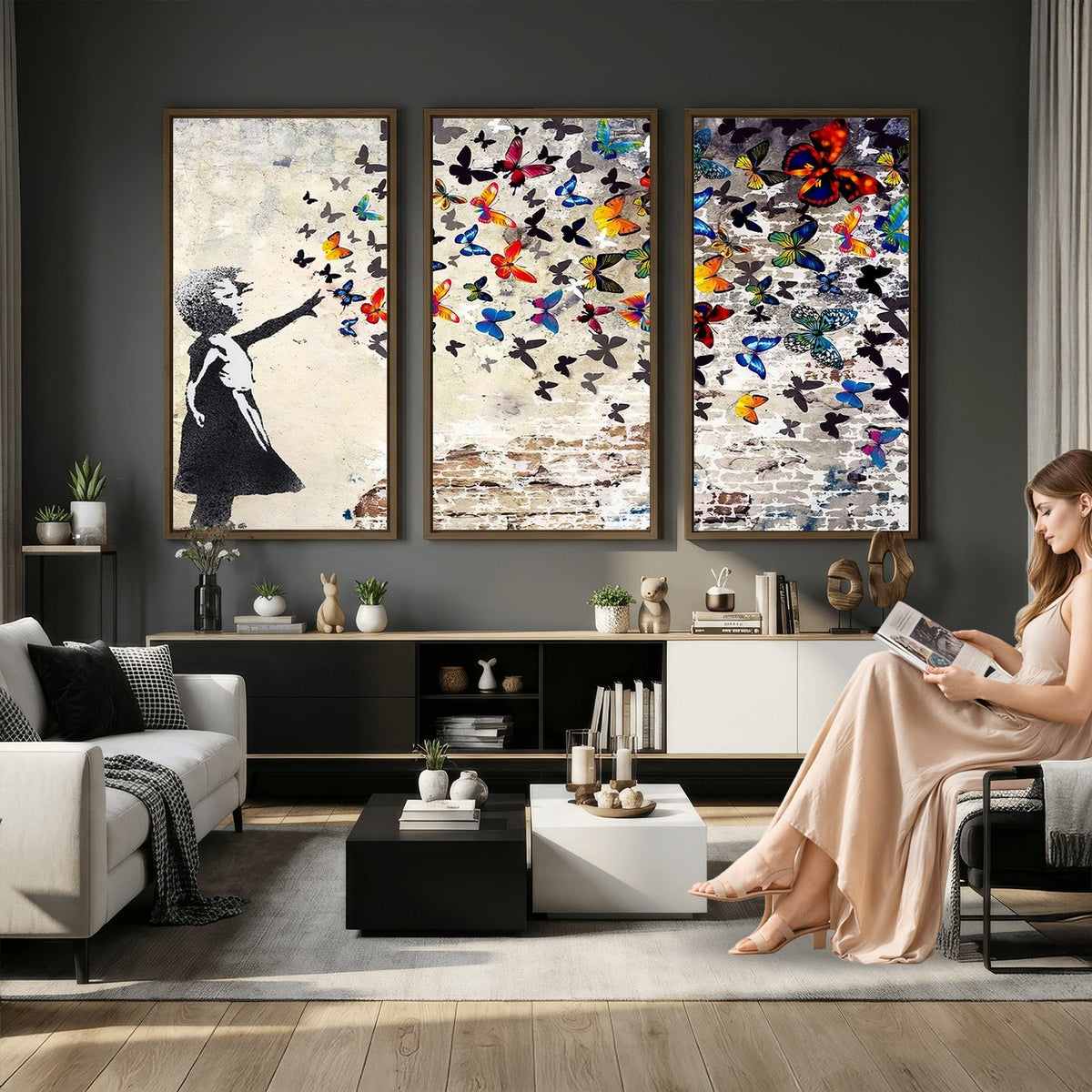 97895-MGV-CV-24X16 - Banksy Graffiti Wall Art Canvas Print, Girl Releasing Vibrant Butterflies