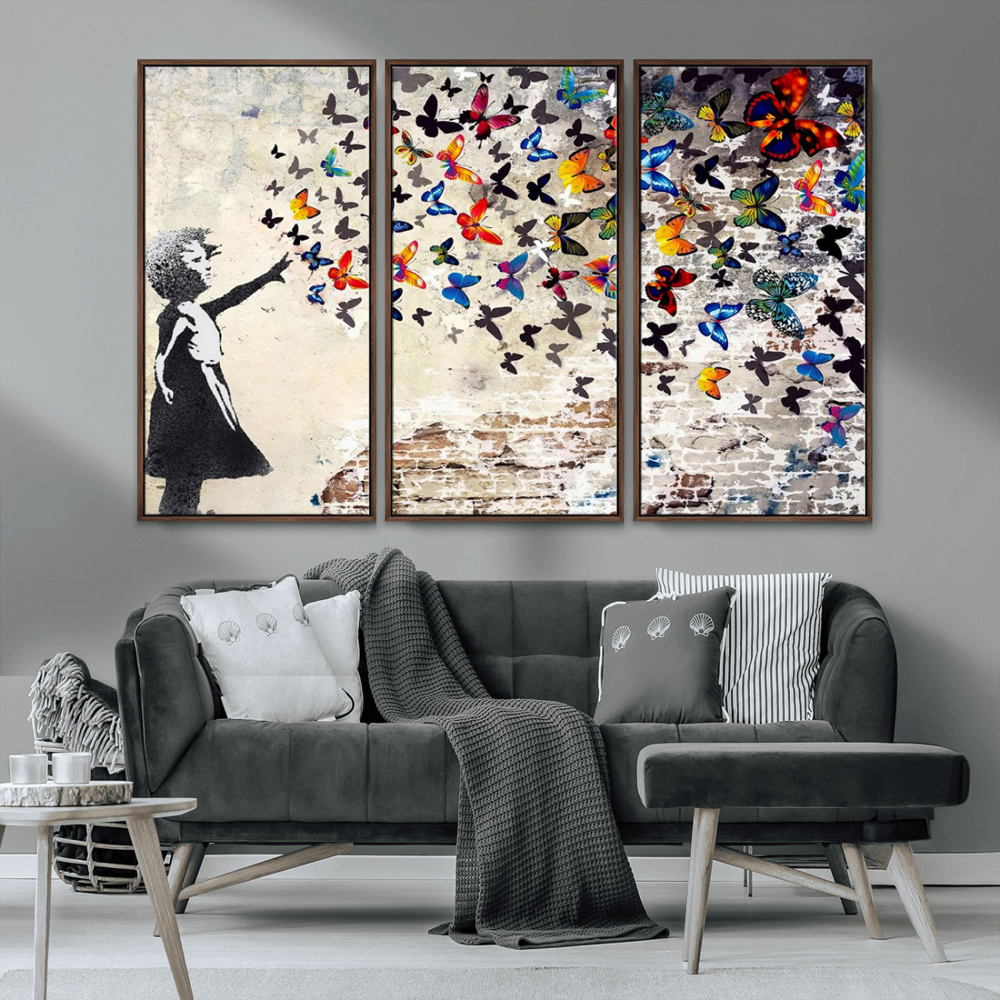 MGV-FC-48X32-3P - Banksy Graffiti Wall Art Canvas Print: Girl Releasing Vibrant Butterflies – Ready to Hang