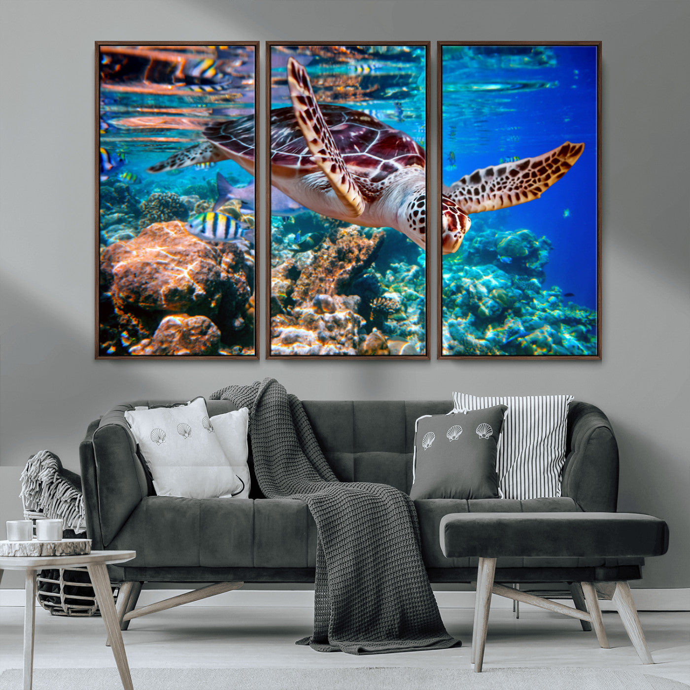 MGV-FC-48X32-3P - Underwater Coral Reef Sea Turtle Wall Art Canvas Print, Vibrant Marine Life | Colorful Ocean Scene