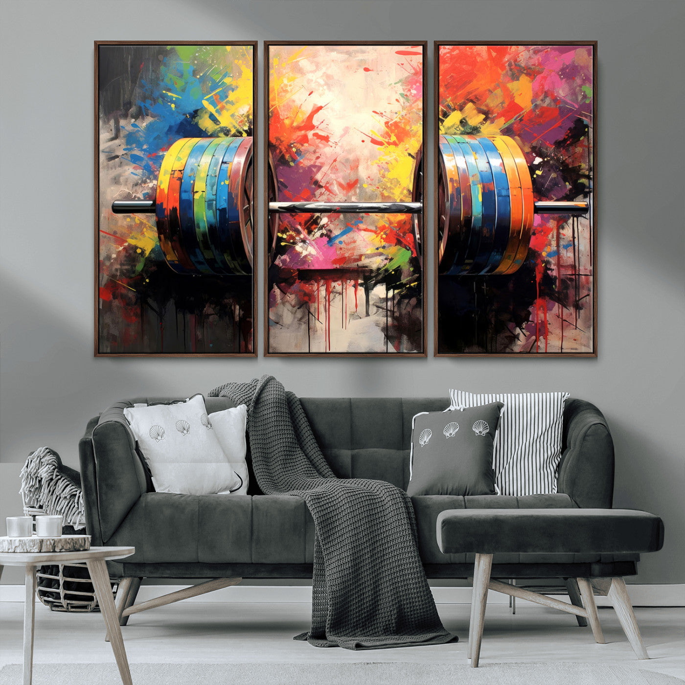 MGV-FC-48X32-3P - Weightlifting Barbell Art Triptych, Bold Abstract Fitness Wall Decor for Gym or Home, Giclee Canvas Print