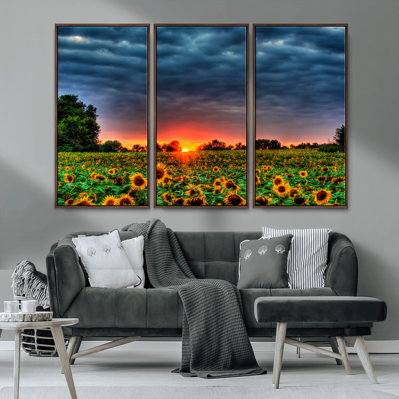 MGV-FC-48X32-3P - Golden Sunflower Field at Sunset – Breathtaking Sky and Vibrant Flowers, Ready to Hang Wall Art