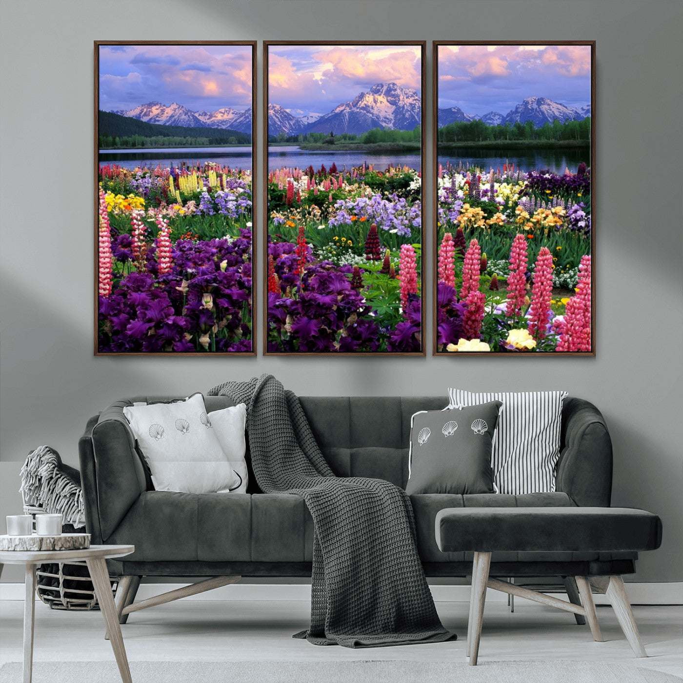 MGV-FC-48X32-3P - Vibrant Wildflower Garden and Mountain View Giclee Canvas Print | Floral Wall Art for Living Room