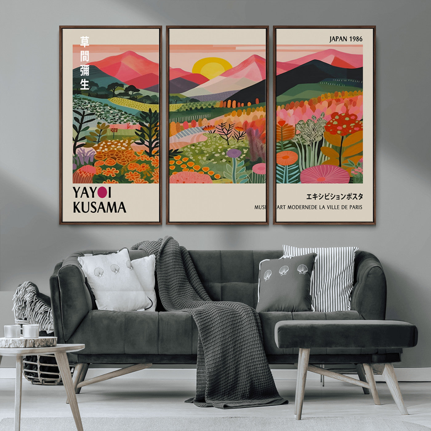 MGV-FC-48X32-3P - Yayoi Kusama Landscape Canvas Print, Vibrant Floral Mountain Art Print, Framed Botanical Wall Art -