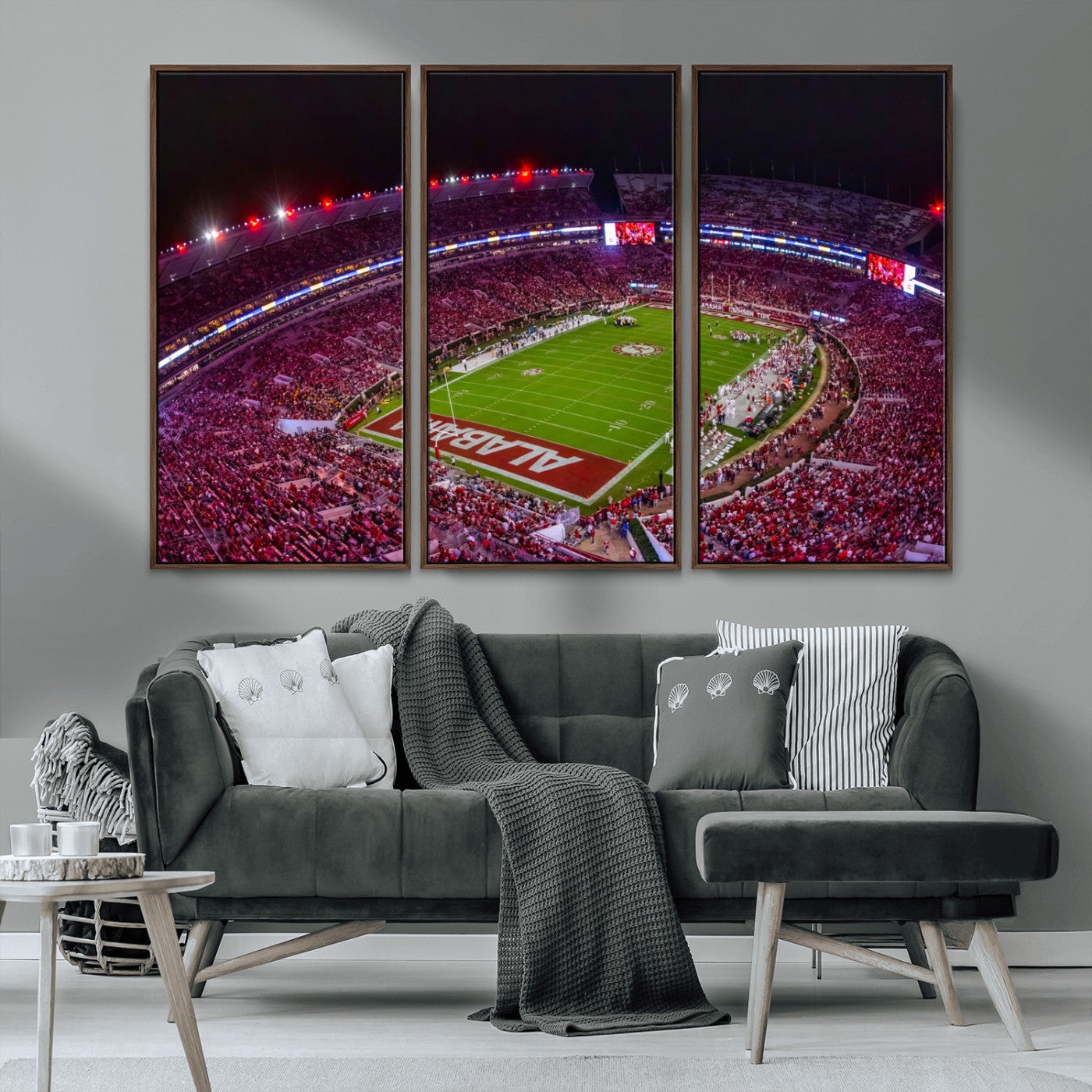 MGV-FC-48X32-3P - Bryant-Denny Stadium Night Game Triple Canvas Wall Art - Alabama Crimson Tide Football Match