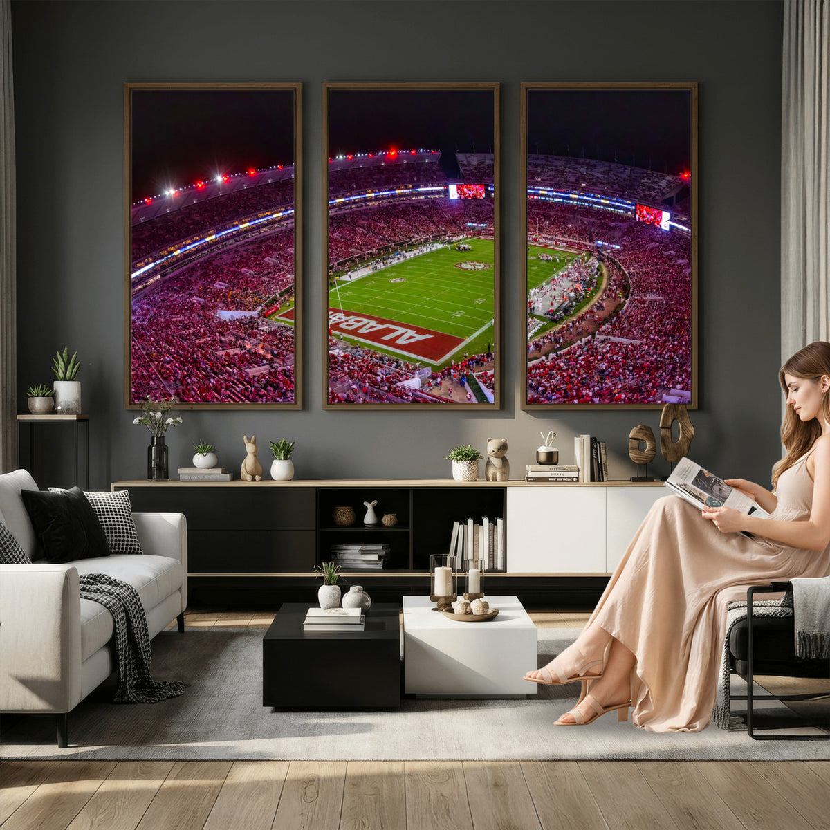 11343-MGV-CV-36X24 - Bryant-Denny Stadium Night Game Triple Canvas Wall Art | Alabama Crimson Tide Football