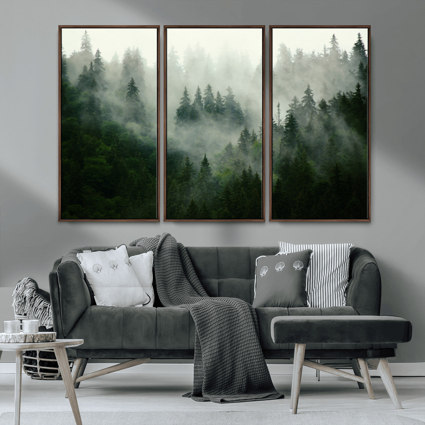 MGV-FC-48X32-3P - Misty Forest Mountain Wall Art Canvas  | Large 3-Panel Foggy Landscape Canvas Print | Nature Misty